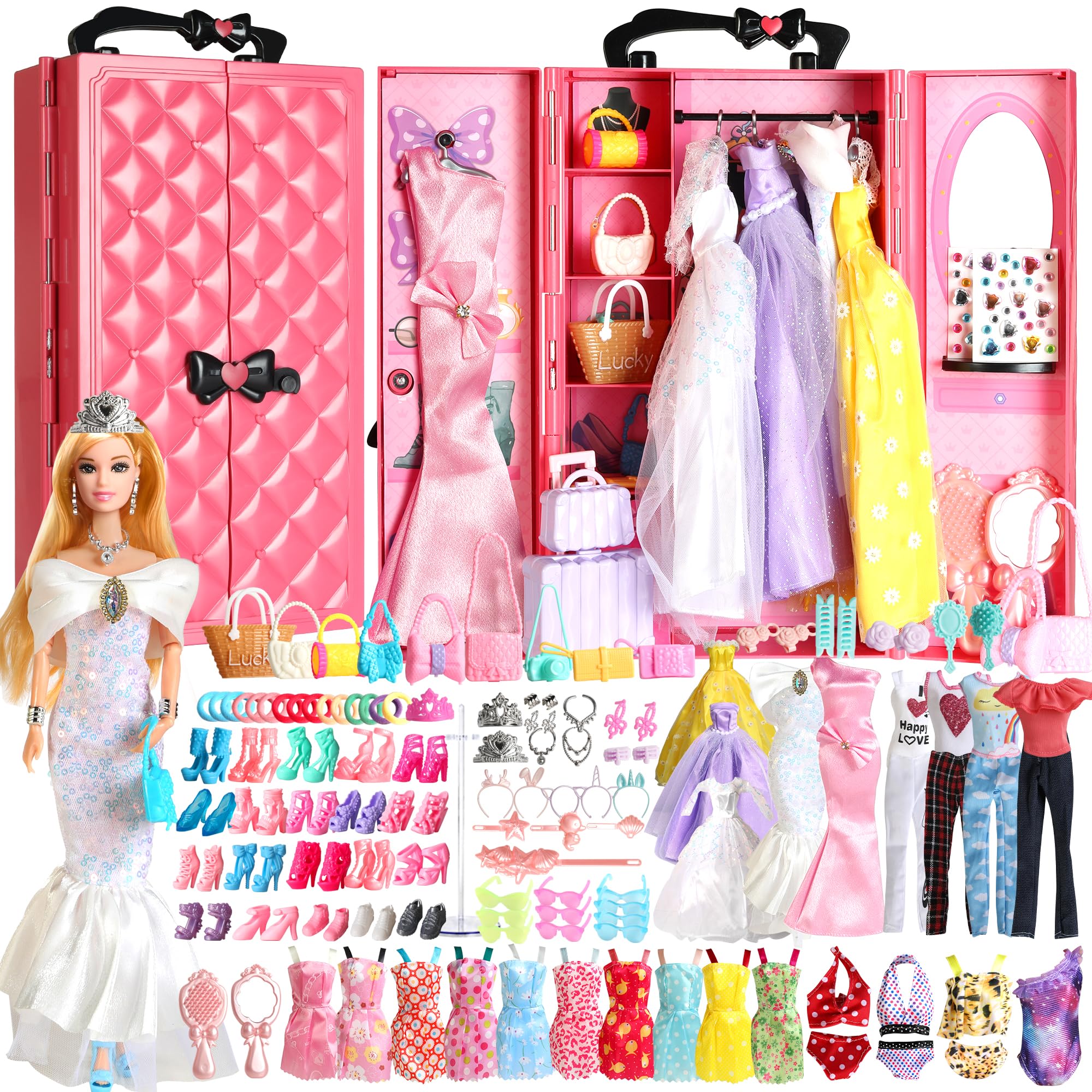UCanaan Juego de 180 piezas de ropa y accesorios para muñecas, vestidos de princesa, vestidos, tops, pantalones, zapatos, perchas, armario de muñeca de moda, a partir de 3 años, los mejores Gitfs para