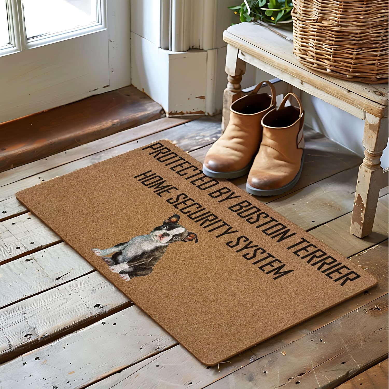 Funny Boston Door Mat, Dog Welcome Mat, Funny Protected by Boston Home Security System Coir Door Mats Outdoor Indoor Outside Entrance, BostonDog Gifts for Women DogLovers Doormats 17X29 Inch