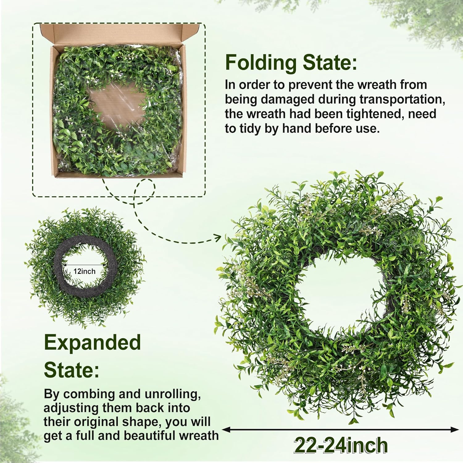 24 Inch Spring Wreaths for Front Door Wreath Summer Outdoor Green Door Wreath for All Seasons Porch Wall Indoor Outdoor Living Room Bedroom Window Farmhouse Home Decoration