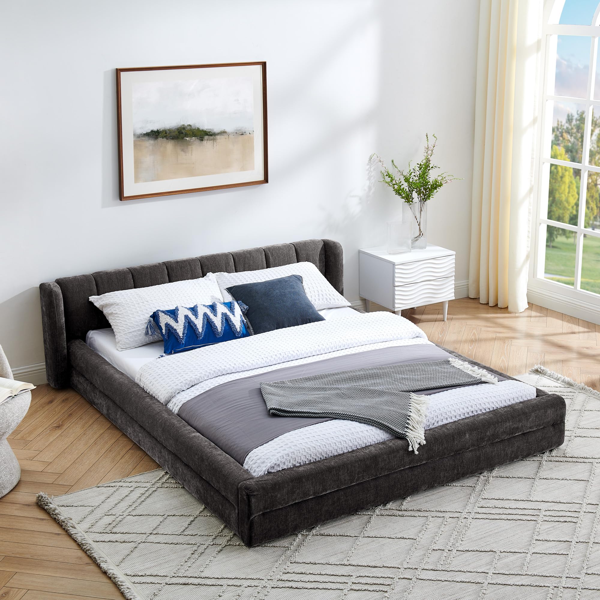Chenille Upholstered Floor Bed Frame with Thick Fabric Queen Grounded Bed Frame with Headboard and Solid Frame - Grey
