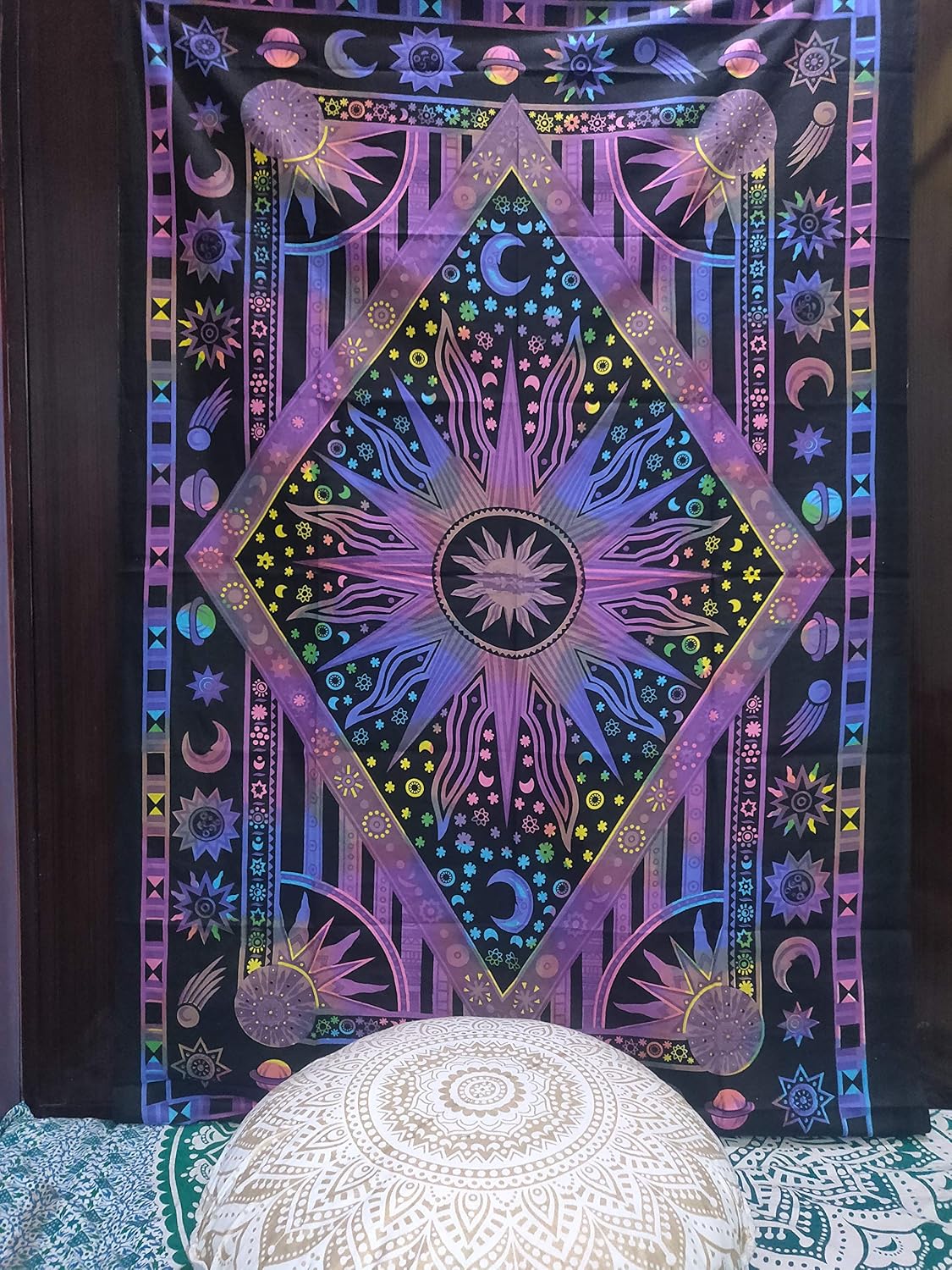 ICC Purple Burning Sun Tie Dye Tapestry Celestial Sun Moon Planet Bohemian Wall Hanging Boho Hippie Hippy Tapestry Beach Coverlet Curtain (Multi Purple, Twin 54 x 84 inches)