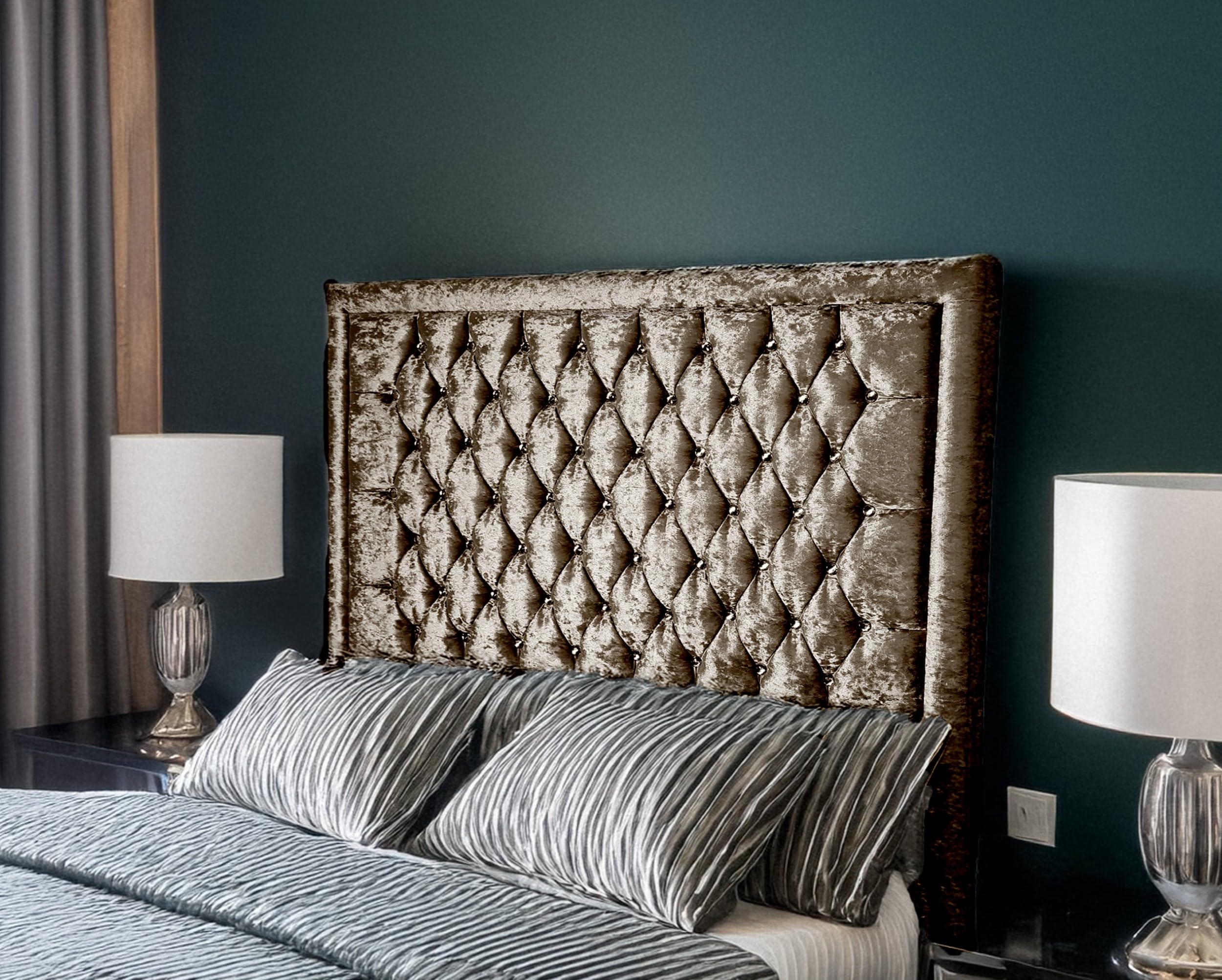 Alton Bumper Tufted,Crystal Crushed Velvet Headboards, Single 3ft 4FT Double 4FT6 King-size 5FT and Super King 6FT Upholstered Headboard Divan bed frame (Truffle, Super King size-66cmTall)