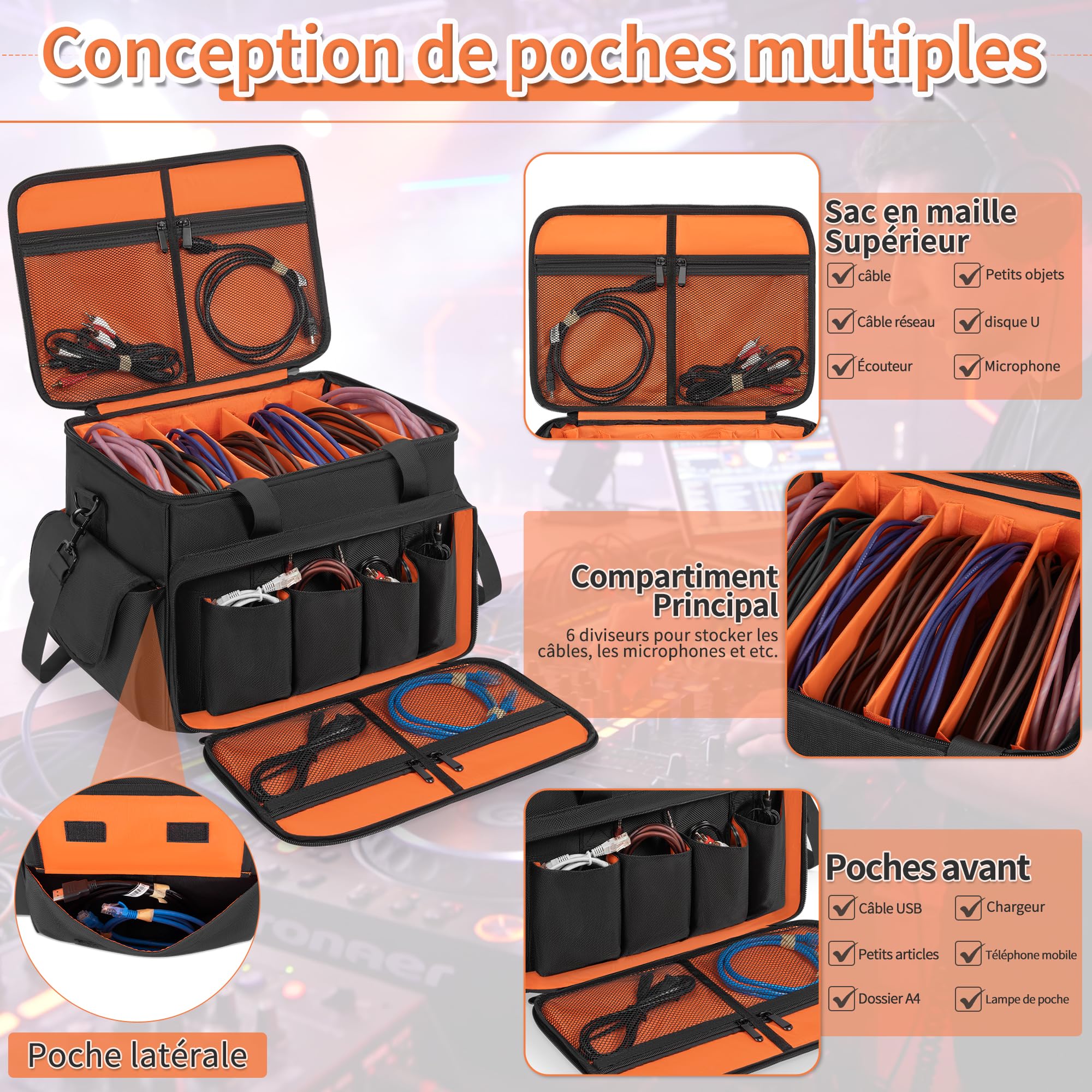 OUUTMEE Sac pour Câbles DJ, Étui de Rangement pour Câbles DJ avec Séparateurs Amovibles, 1680D Sac de Transport pour Équipement de DJ, Accessoires de Musique (Petit)