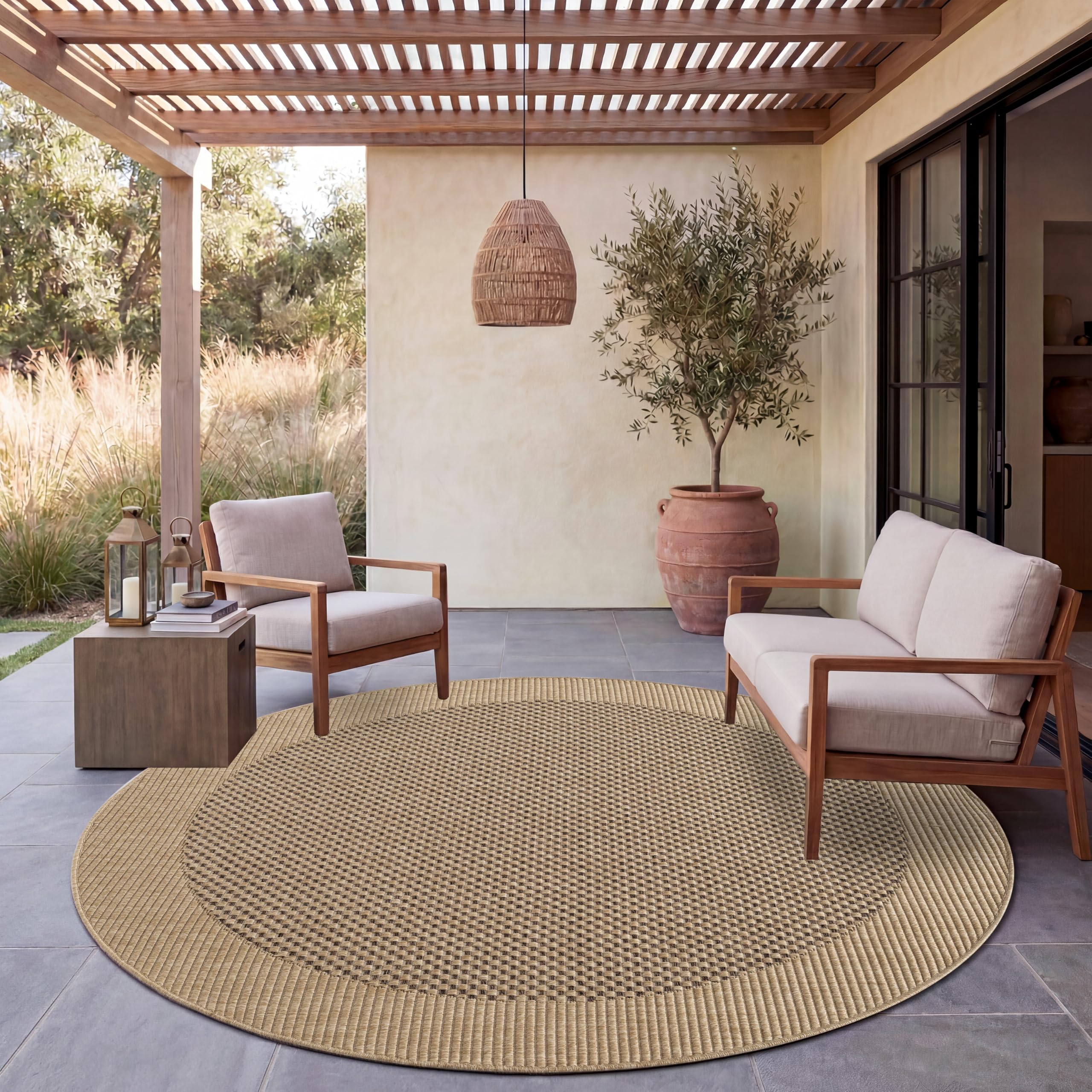 Paco Home Outdoor Teppich Wetterfest, moderner Jute-Look in natürlicher Sisal Optik, Robust, ideal für Terrasse Wohnzimmer & Küche, Beige 1, 160 cm Rund