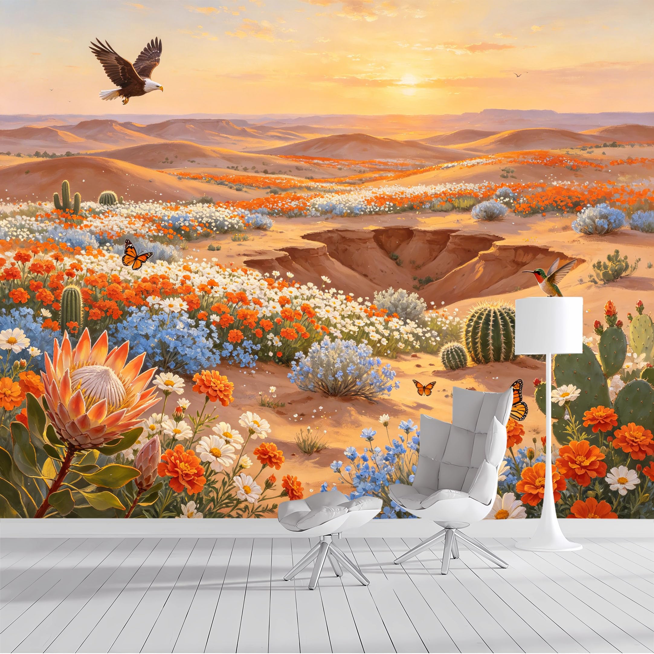 Custom Size Wall Mural Desert Landscape with Eagle and Flowers Blooming Desert Scenery Watercolor Desert Landscape SelfAdhesive Wall Fabric Removable Wallpaper for Living Room