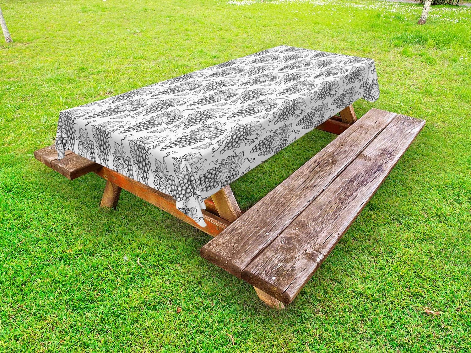 ABAKUHAUS Harvest Outdoor Tablecloth, Ripe Grapes with Leaves, Decorative Washable Picnic Table Cloth, 58" X 84", White Charcoal Grey