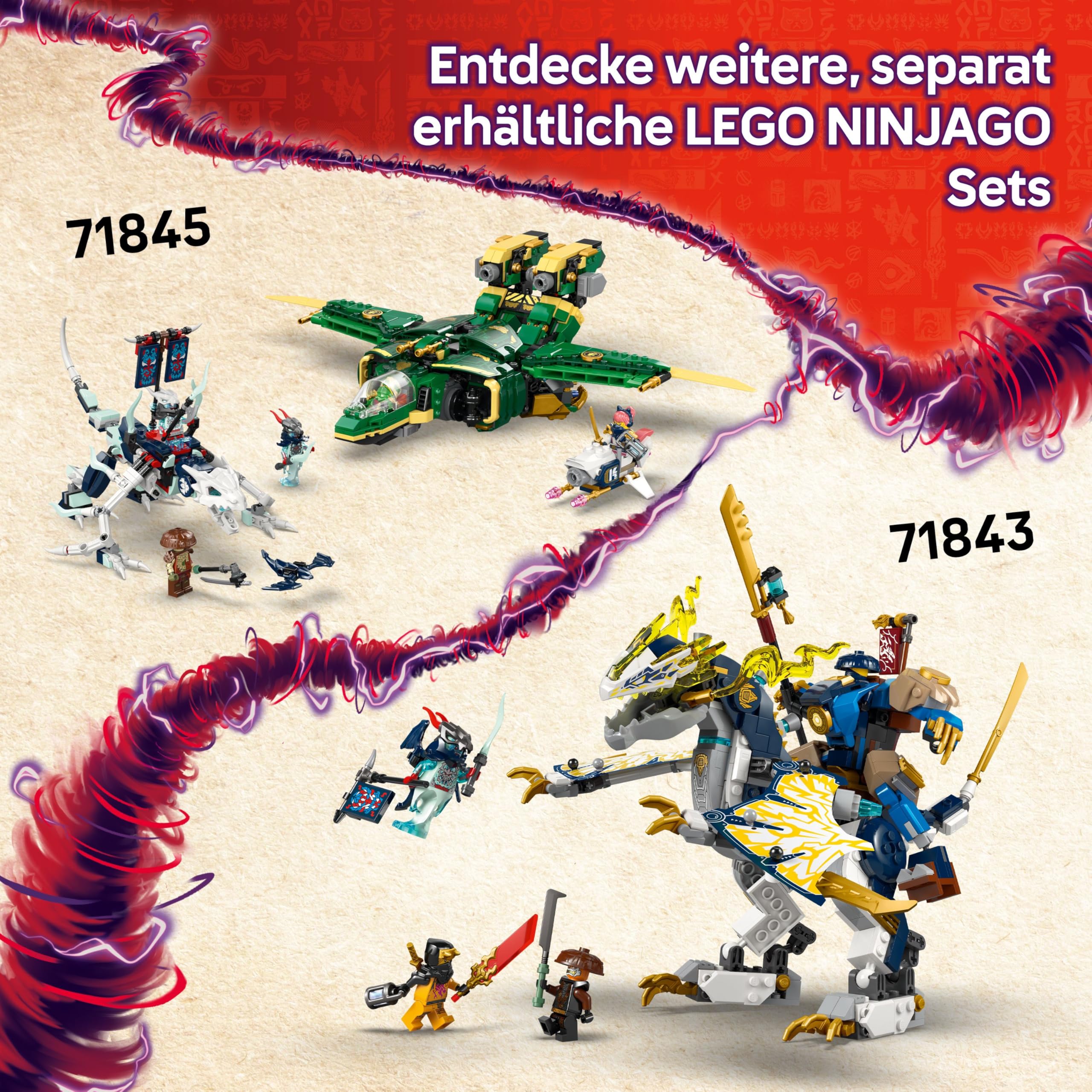 LEGO NINJAGO Ninja-Actionflitzer - 3-in-1-Spielzeug mit 2 Ninja-Bikes, 1 Jet und 6 Minifiguren, einschließlich Kai und Frak - Aufstieg der Drachen Geschenk für Jungen ab 8 Jahren - 71844