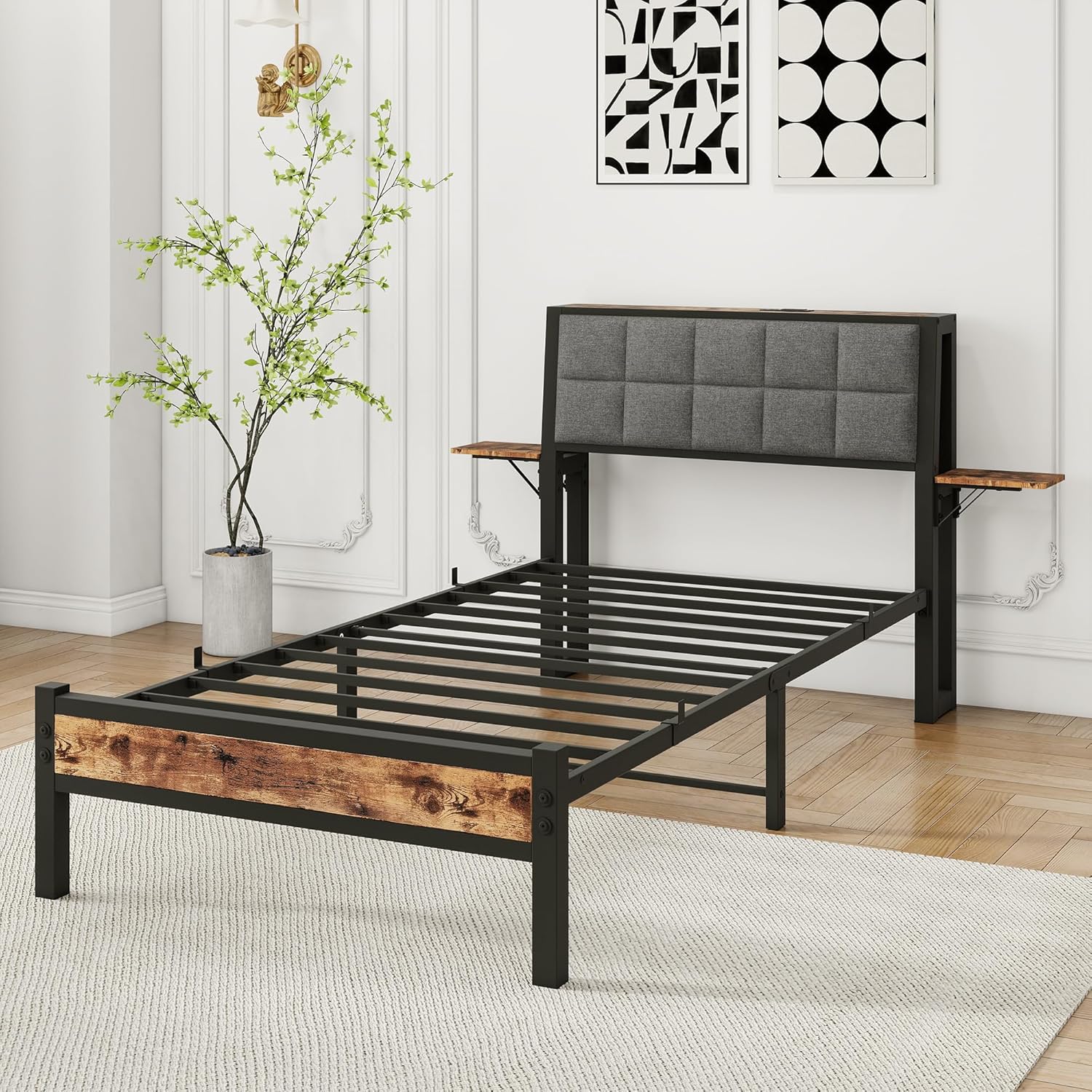 Twin Bed Frames,twin Bed Frame with Upholstered Storage Headboard,Platform Bed Frame Twin with Charging Station&bedside storage,Under Bed StoragemHeavy Duty Metal Slats,No Box Spring Needed,Noise Free