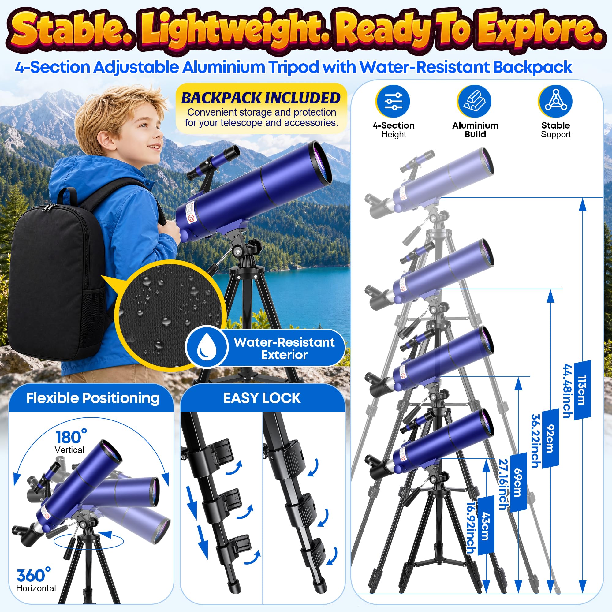 MEEZAA Télescope Astronomique pour Adultes Enfants et Débutants, 80mm Ouverture 500mm Portable Télescope Réfracteur 20X–150X avec Tente Pop-Up, Trépied, Adaptateur Smartphone, Sac à Dos & Autocollants