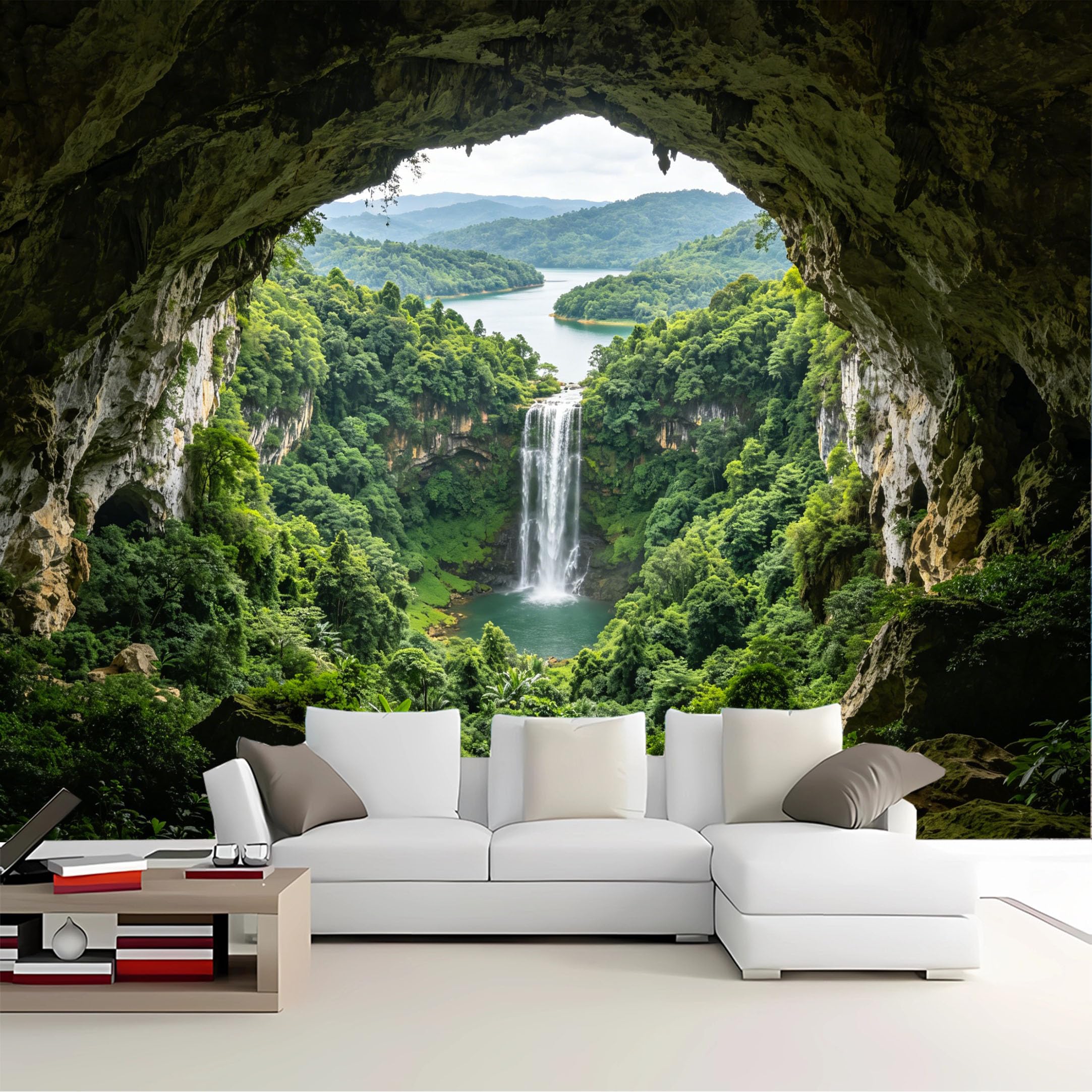 Custom Size Wall Mural Cave View Tropical Waterfall Forest Removable Self Adhesive Peel and Stick Wallpaper for Bedroom Living Room Dining Room