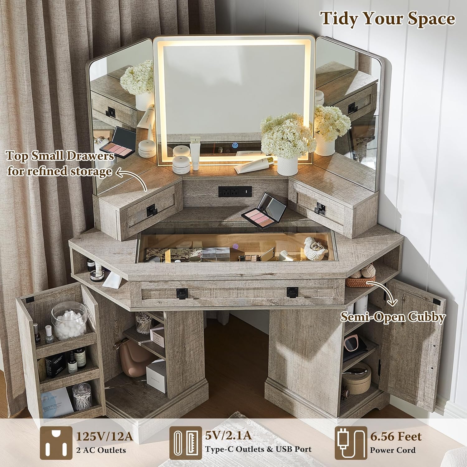 T4TREAM Corner Vanity Desk with Mirror and Lights, Makeup Desk with 3 Way Mirror and Lights, Farmhouse Vanity Table with Charging Station & Glass Top, 48" Vanity Desk with 3 Drawers(Light Rustic Oak)