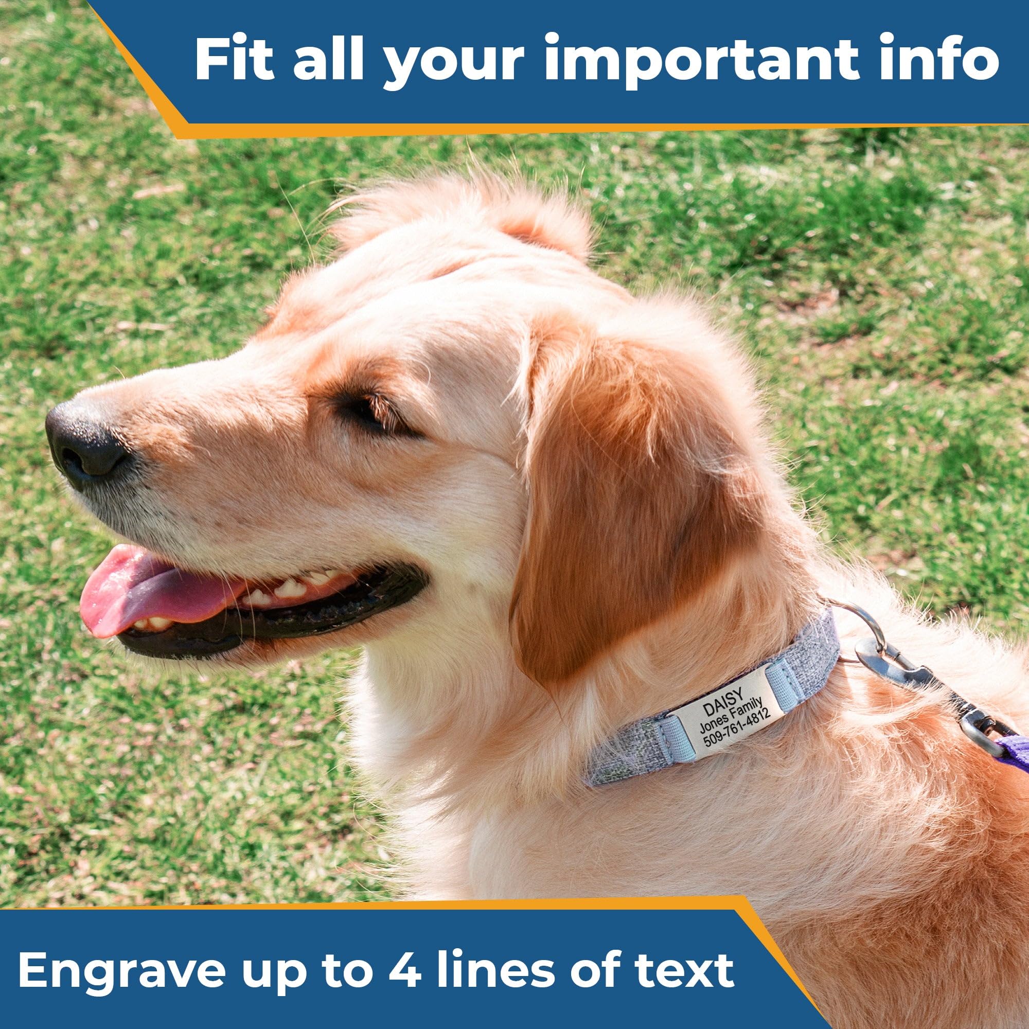 GoTags Collare per cani in canapa naturale personalizzato con targhetta per cani incisa, targhetta silenziosa per animali domestici con numero di telefono, dimensioni regolabili per cani e gatti di