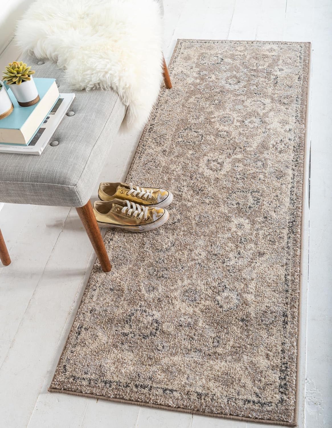 Rugs.com Madeline Collection Rug – 6 Ft Runner Beige Brown Medium Rug Perfect for Hallways, Entryways