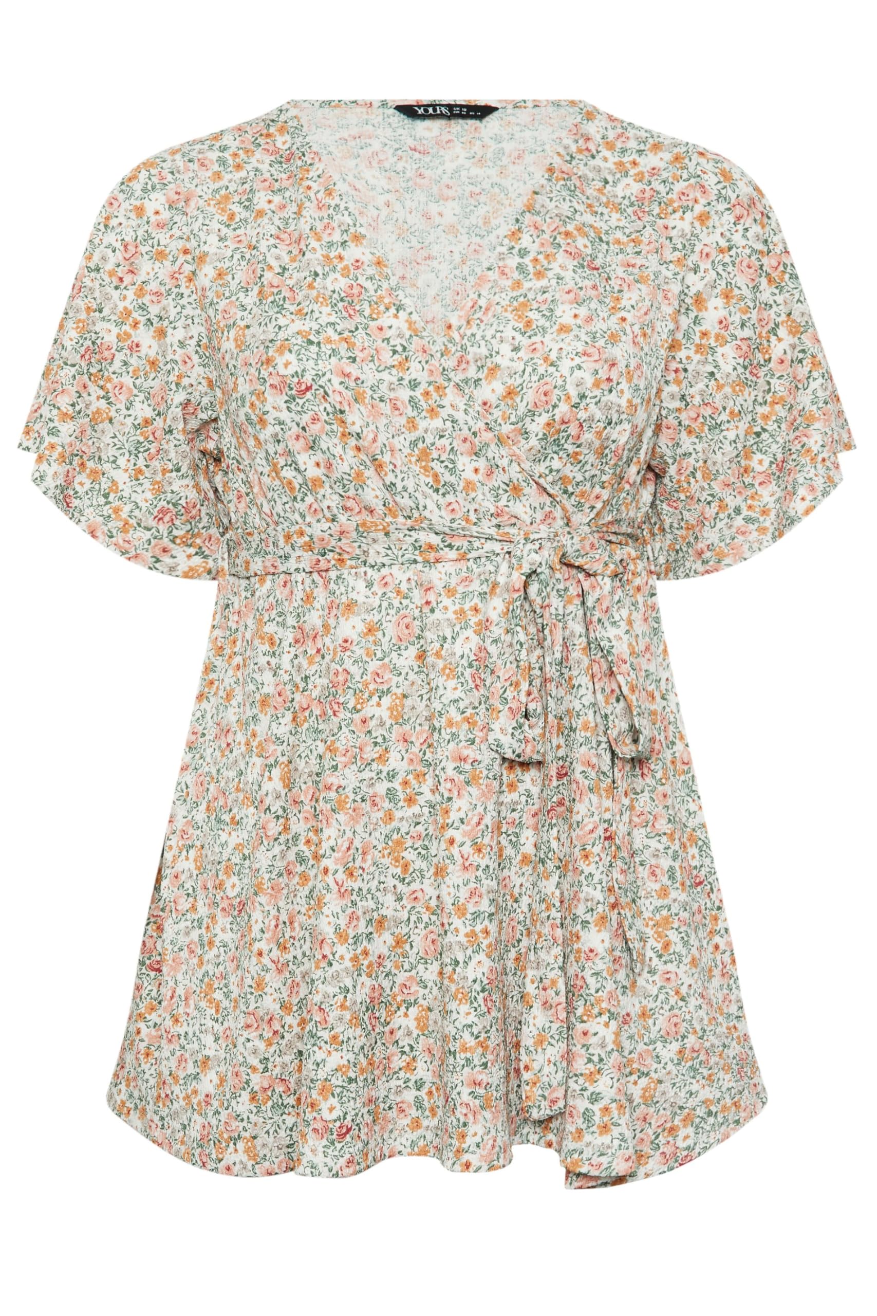 Yours Curve Floral Wrap Textured Top - Women's - Plus Size Curve White
