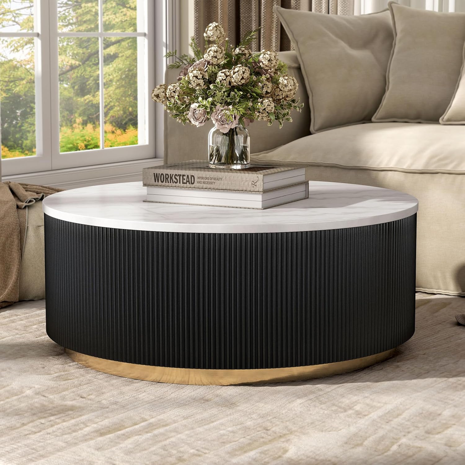 Furniture of America Beryl Modern Round White Genuine Marble Top Coffee Table with Fluted Pedestal Base and Gold Stainless Steel Accent for Small Spaces, Living Room, Home Office, Black