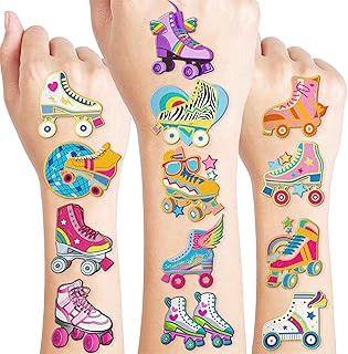 60 PCS Roller Skate Skating Pre-Cut Temporary Tattoos Themed Birthday Party Favors Decorations Supplies Decor Retro 80s 90s Disco Skateboard Tattoo Stickers Gifts For Boys Girls Class