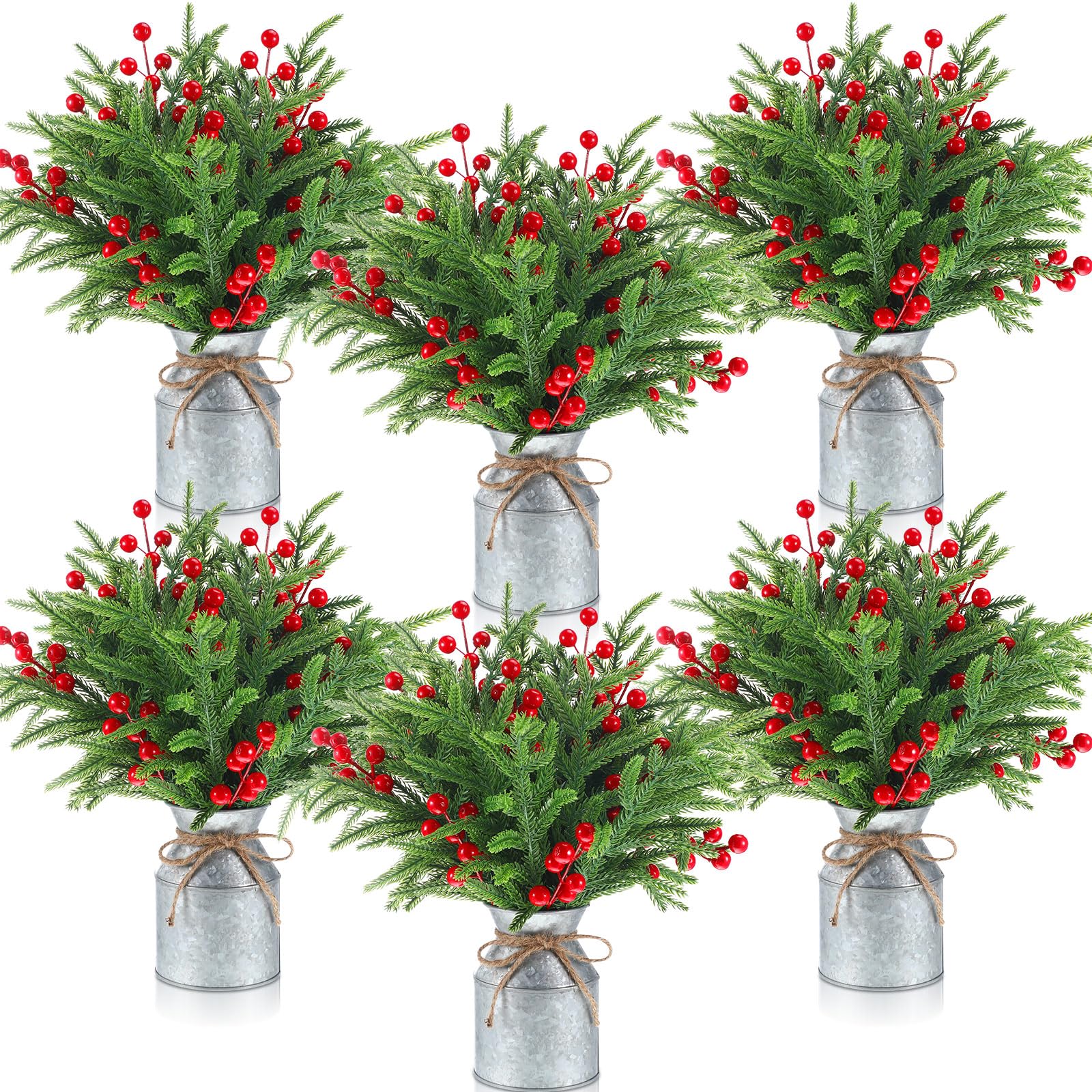Tioncy Künstliche Weihnachtstischdekoration mit 6 Vasen, 120 künstlichen Norfolk-Kieferzweigen, künstlicher Zedernstiel und 60 Beerenstielen für den Innenbereich, Zuhause, Büro, Tisch, 6 Sets