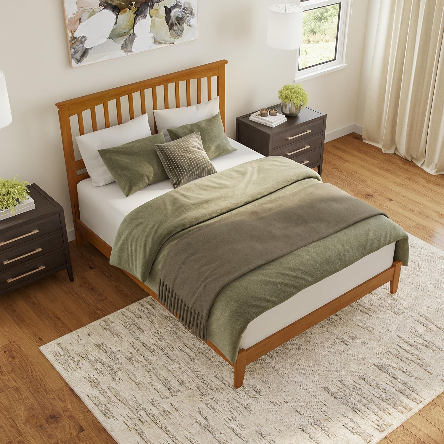 AFI, Mission Queen Solid Wood Low Profile Platform Bed, Light Toffee
