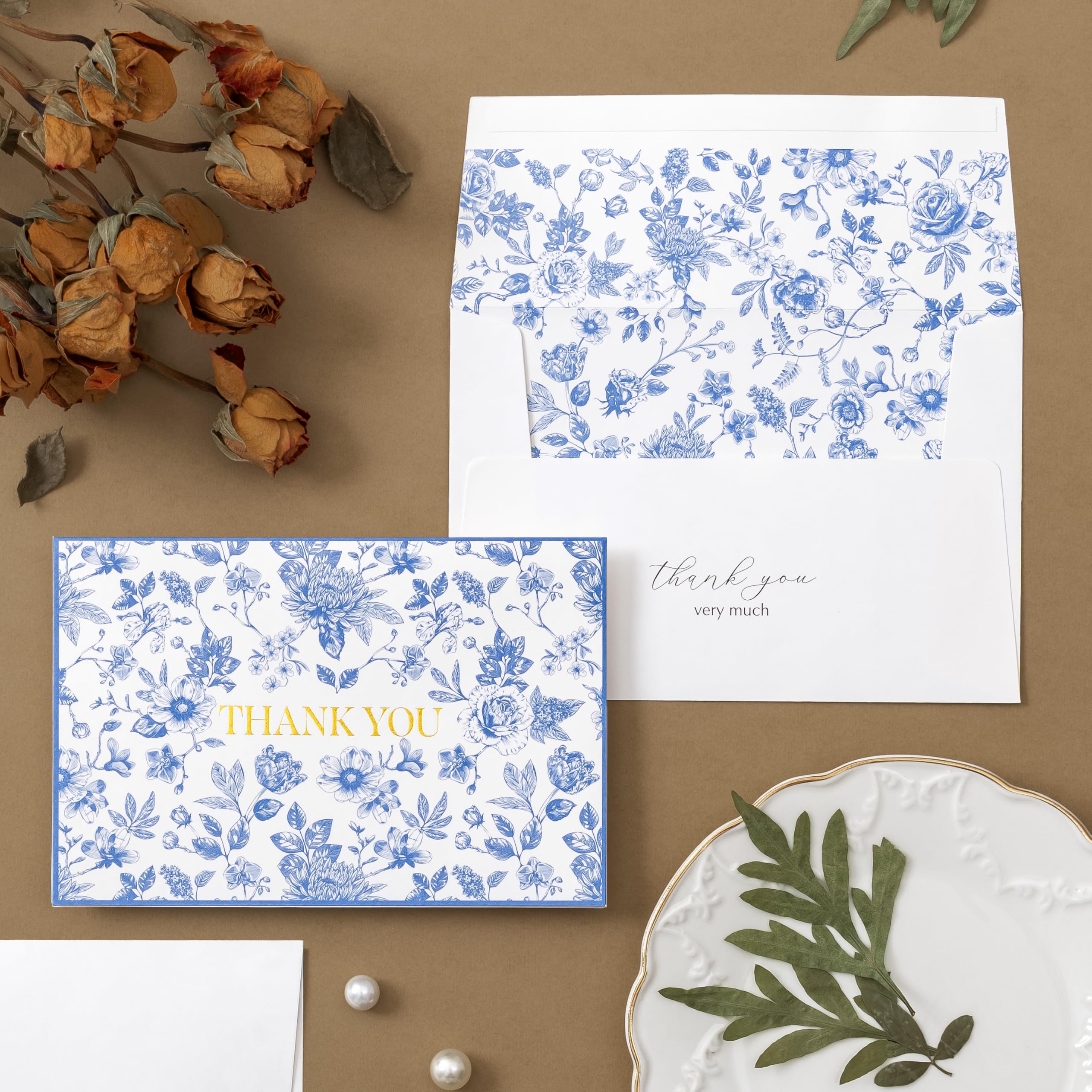 Crisky Lot de 50 cartes de remerciement florales bleues en feuille d'or avec enveloppes et autocollants pour anniversaire, fête prénatale, fête prénuptiale, mariage, remise de diplôme, affaires