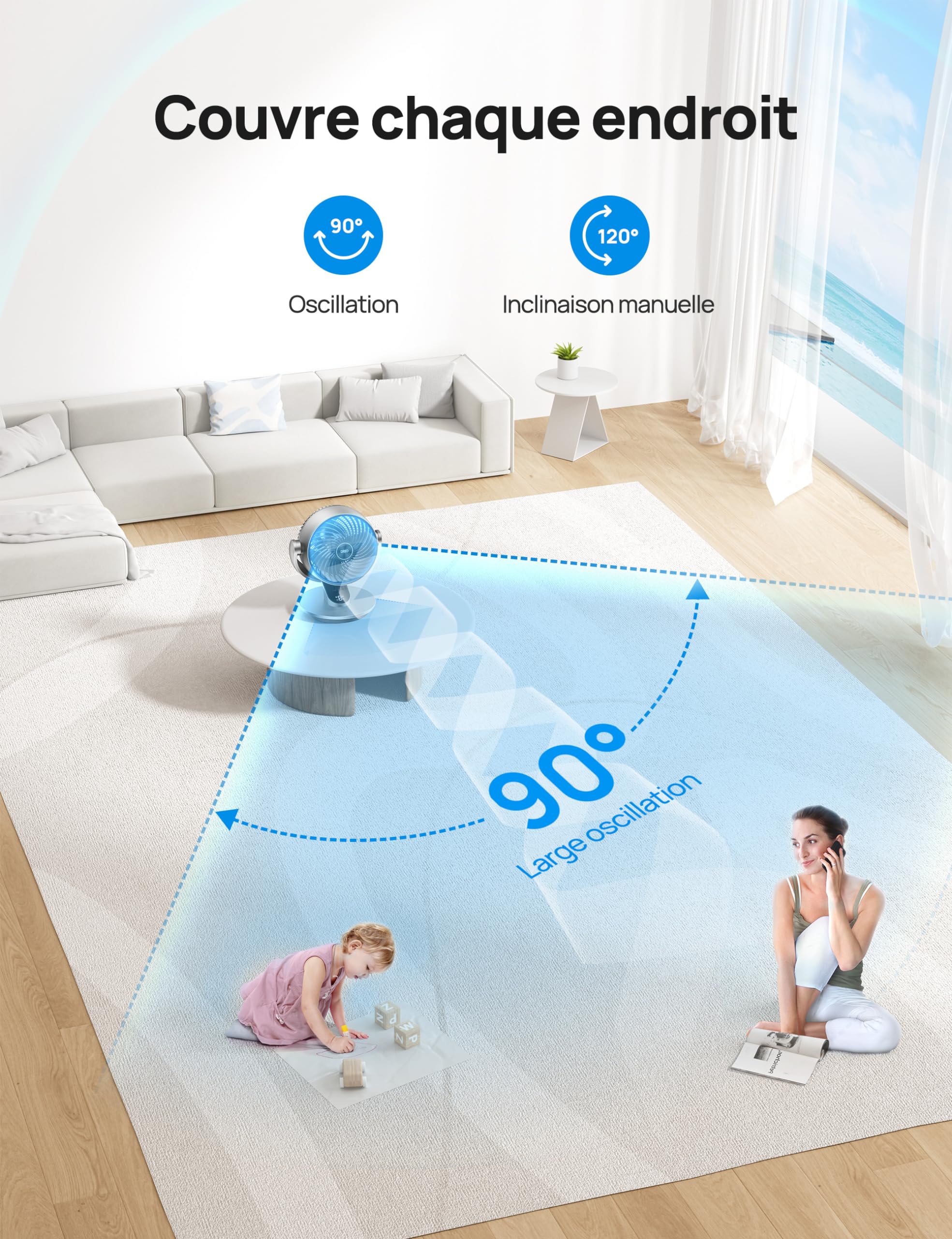 DREO Ventilateur de table 28 dB, 18 cm, 4 vitesses, 5 modes, minuterie 12h, oscillant à 120° + 90° avec télécommande, commande vocale, refroidissement, Lynx S, argent.