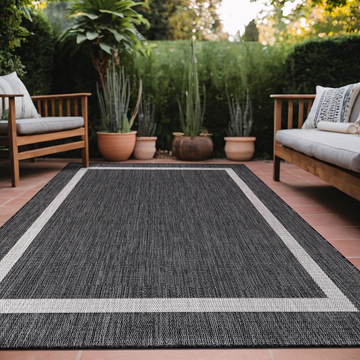 Luul Home Bordered Outdoor Rug 5x7 Washable Outside Carpet for Indoor Patio Porch Waterproof Easy Cleaning Non Shedding Area Rugs Gray 5 x 7