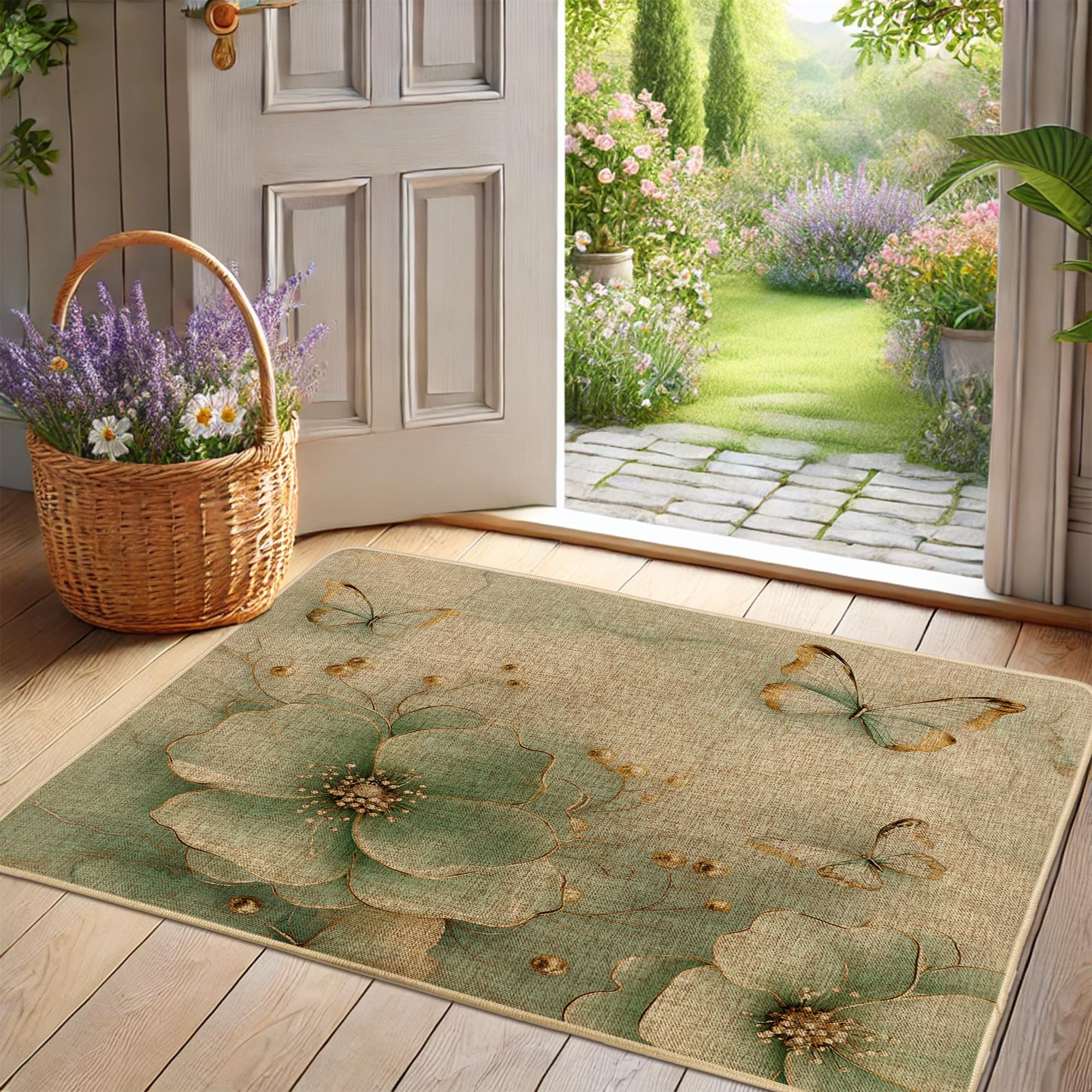 Spring Floral Door Mat, Green Flower and Butterfly Indoor & Outdoor Entry Mat, Rubber Waterproof Non-Slip Absorbent Doormat, Easy Clean Garden Decor 29x17 Inch