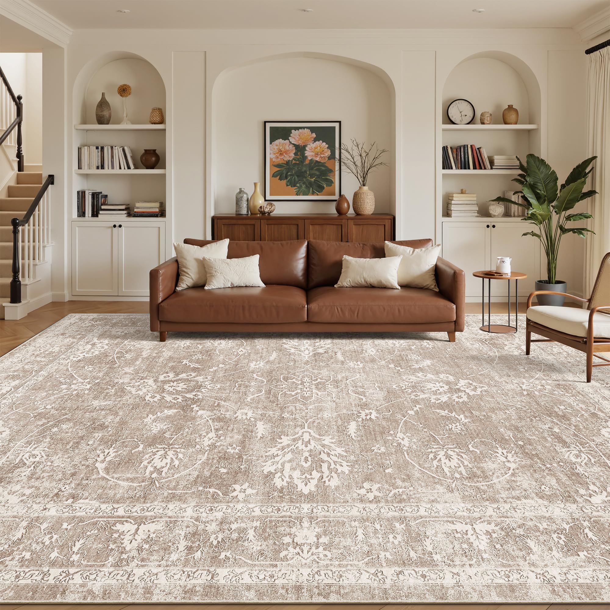 Madane 9x12 Area Rugs for Living Room, Machine Washable Rug with Non-Slip Backing, Soft Vintage Large Area Rug, Floral Print Floor Carpet for Bedroom