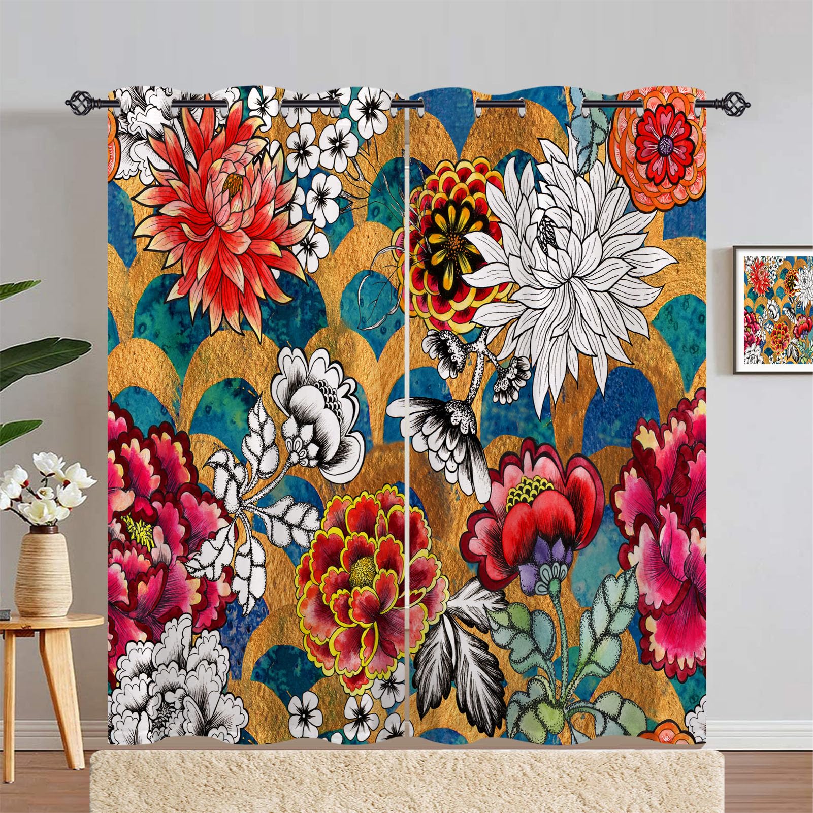 ANHOPE Floral Curtains Eyelet Blackout Thermal Insulated Curtains Watercolor Mermaid Scale Wave Flower Print Pattern Soft Soundproof Privacy Window Drapes for Bedroom Living Room 46 x 90 Inch 2 Panels
