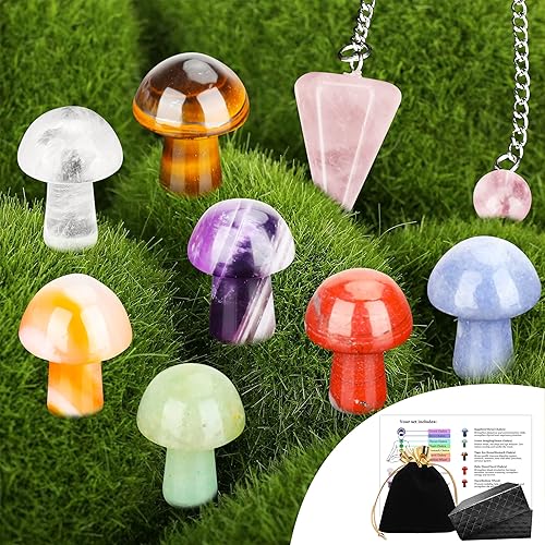 8 piezas de escultura de seta de cristal para hacer a mano, mini cristales en forma de hongo, piedra preciosa natural, seta de cuarzo, 1 péndulo de