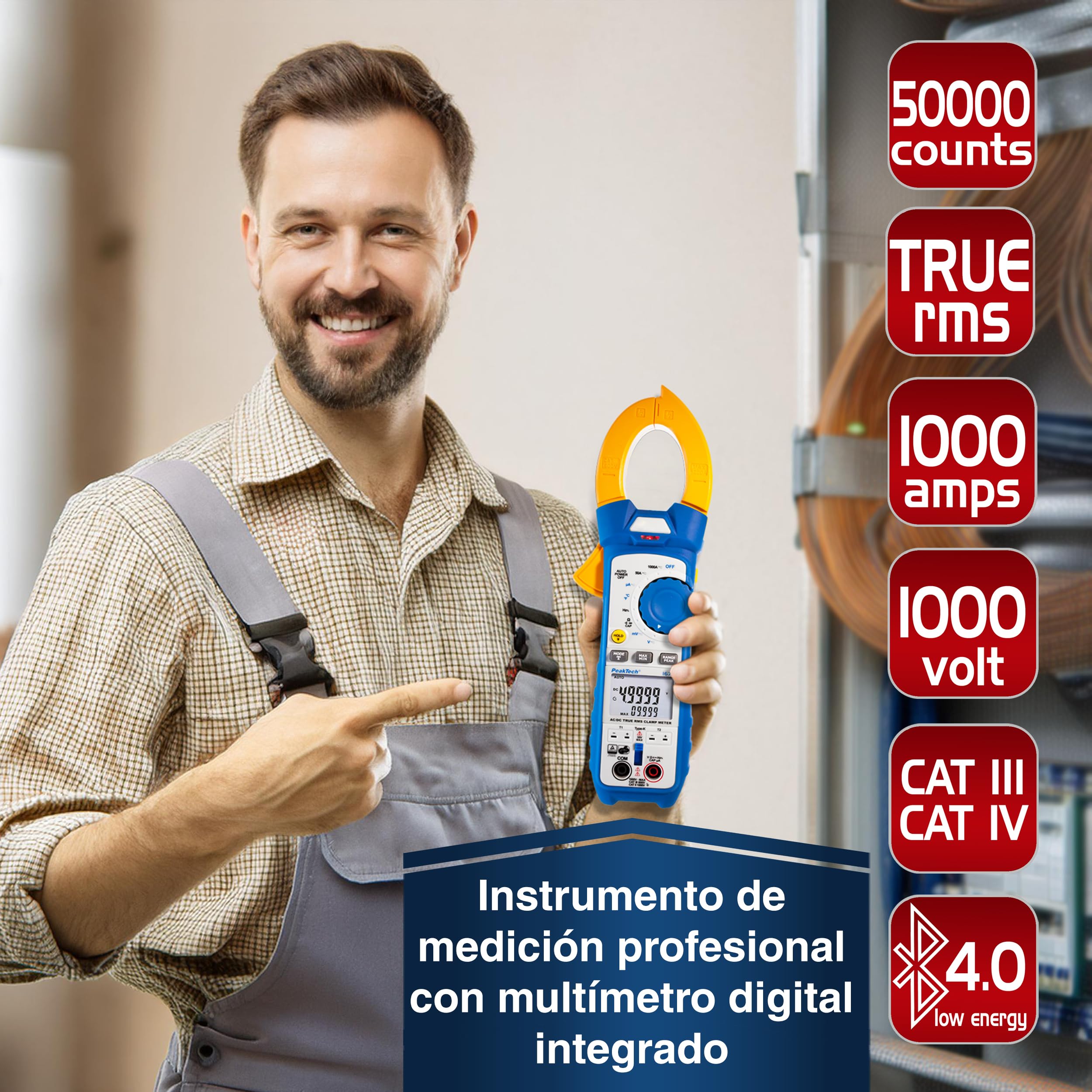 PeakTech 1670 Pinza Amperimétrica RMS 4.0 Bluetooth 1000A AC/DC 50000 Cuentas Multímetro