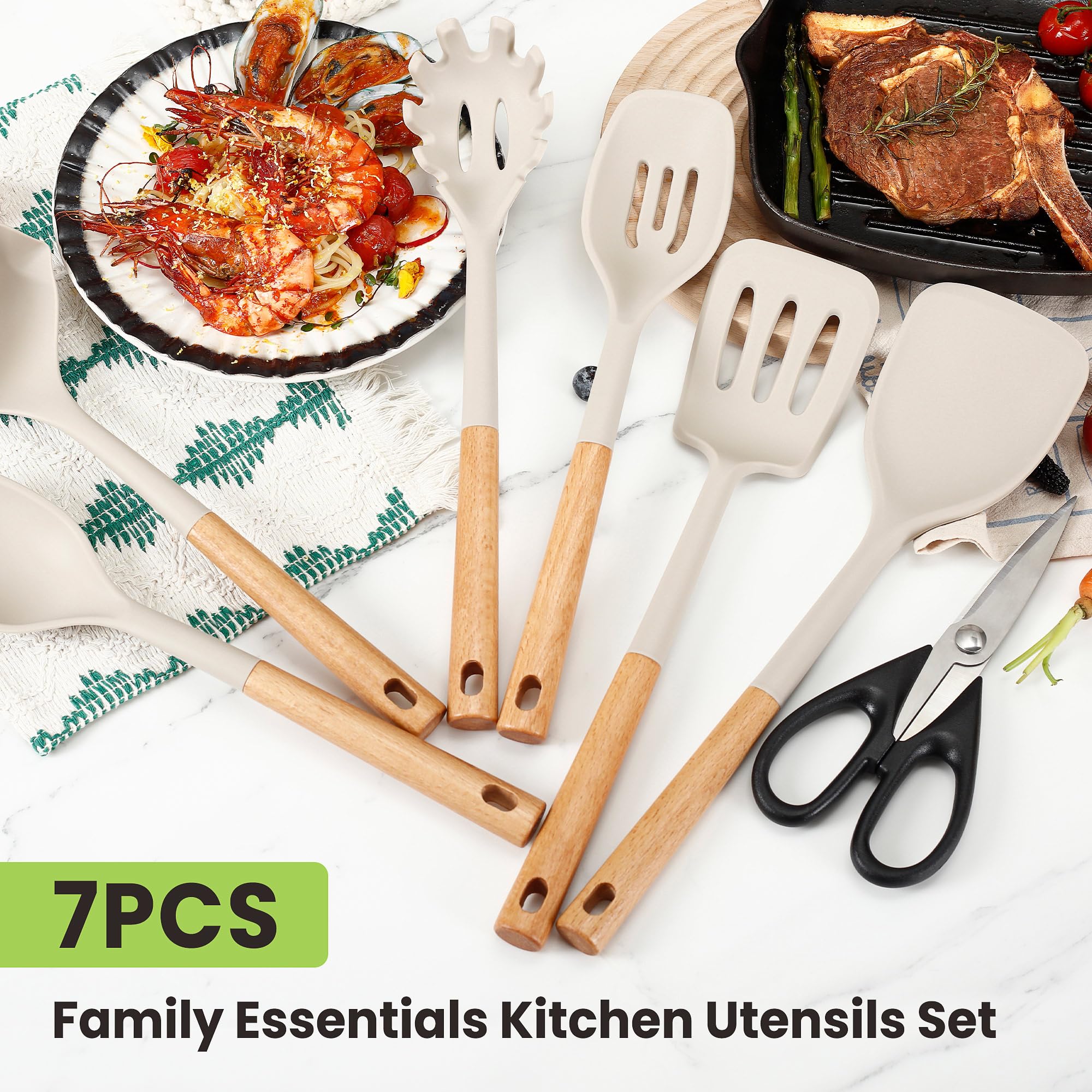 Juego de utensilios de cocina de silicona grandes, 7 piezas, asas de madera, resistentes al calor, utensilios de cocina de silicona de grado alimenticio con soporte, sin BPA, utensilios de cocina
