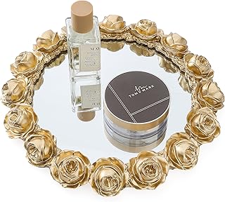 Gold Rose Mirrored Vanity Tray - Ornate Makeup Vintage Round Perfume Dre...