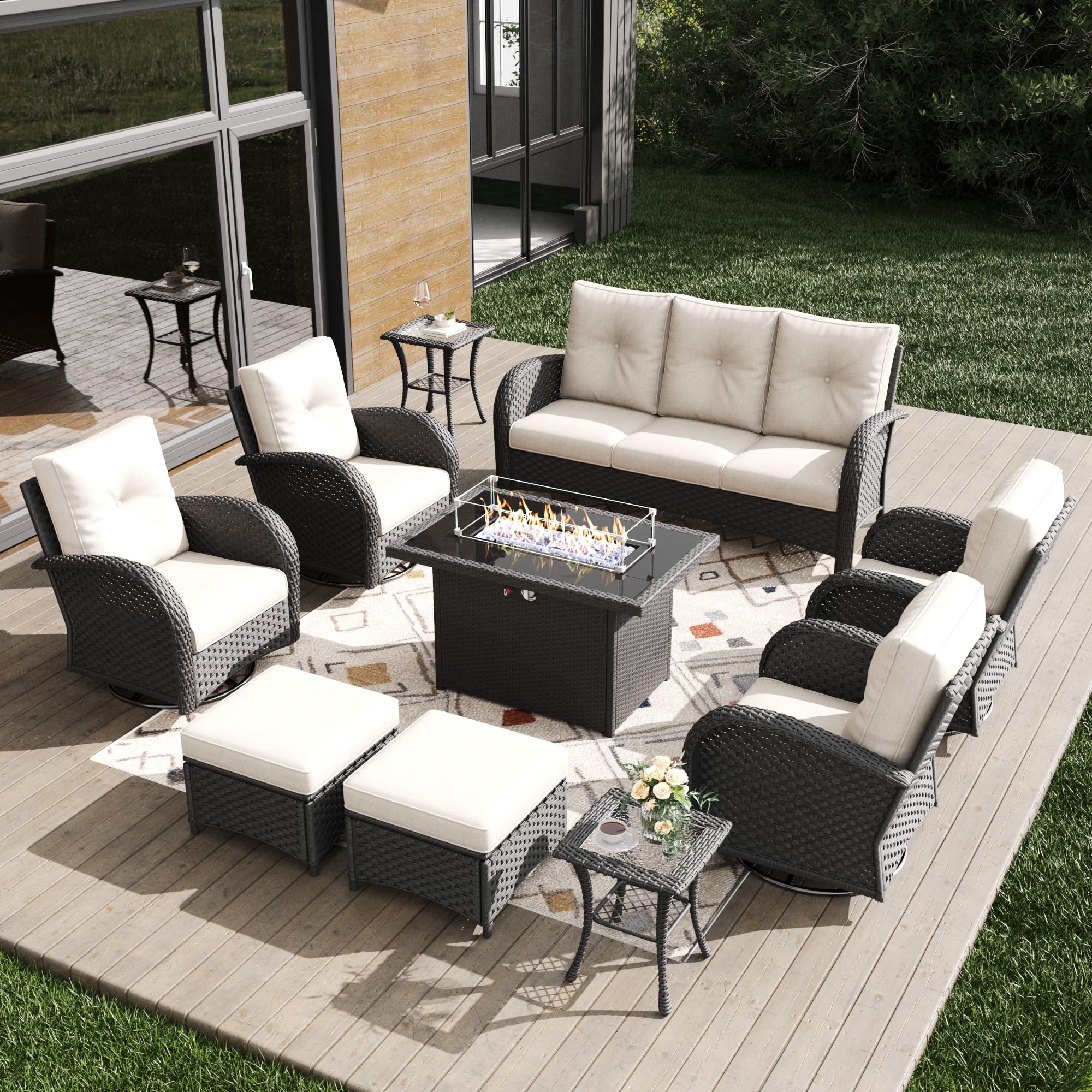 KHOLH Outdoor Patio Furniture Sets with Fire Pit Table 10 Pieces Wicker Swivel Rocker Chairs and Sofa Sets for Backyard Deck