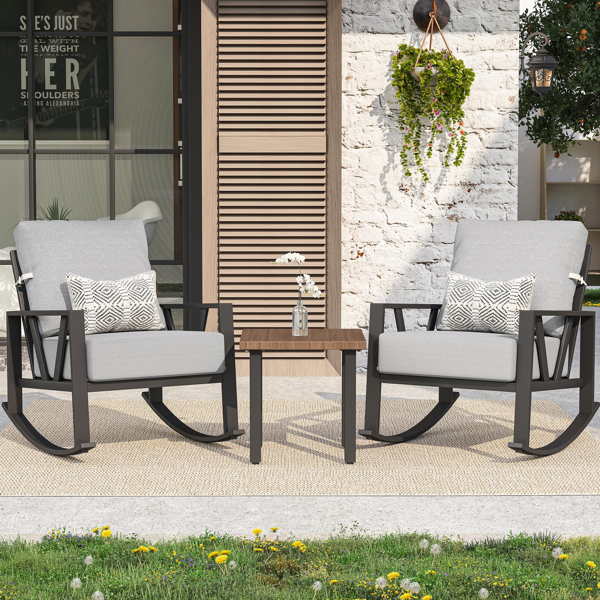 COMLAX FIELD Outdoor Patio Rocking Chairs Set of 2, 3 Pieces Patio Porch Furniture Set with 6” Thick Cushions, Outdoor Bistro Set with Coffee Table,