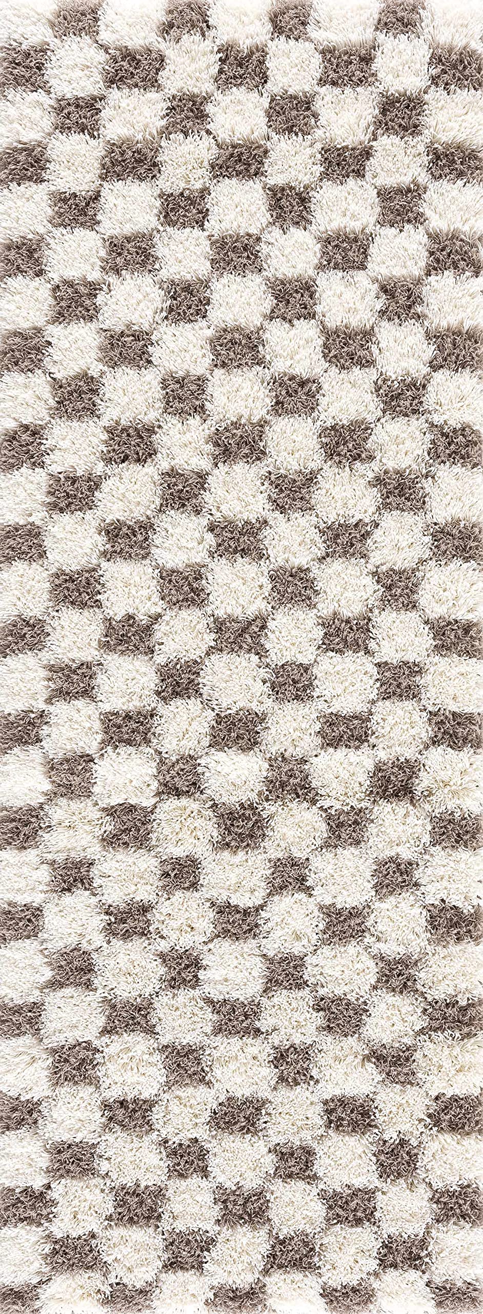Atira Brown Checkered Shag Runner Rug - Cream, Light Brown - 2'7" x 10' Runner