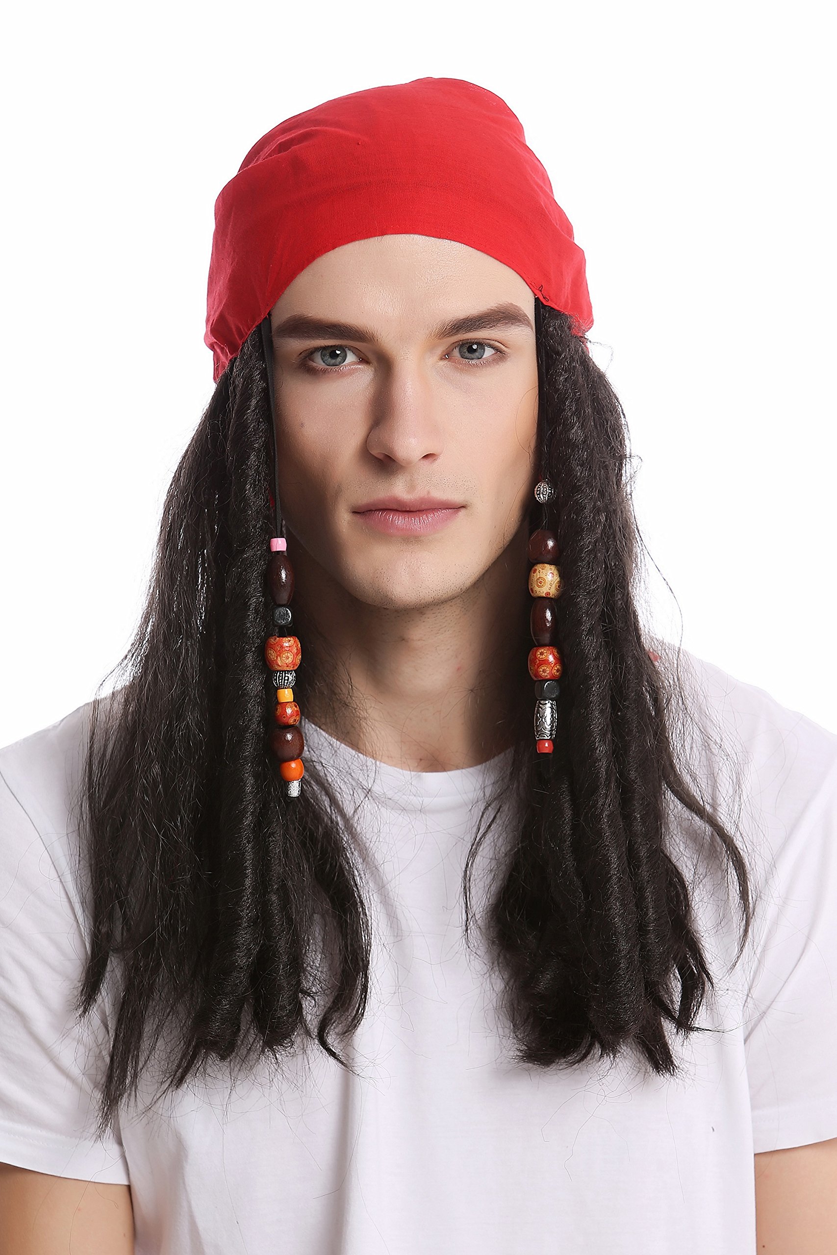 WIG ME UP - A72325-P1 Perruque longue noire perles et bandane dame homme carnaval halloween pirate flibustier rasta