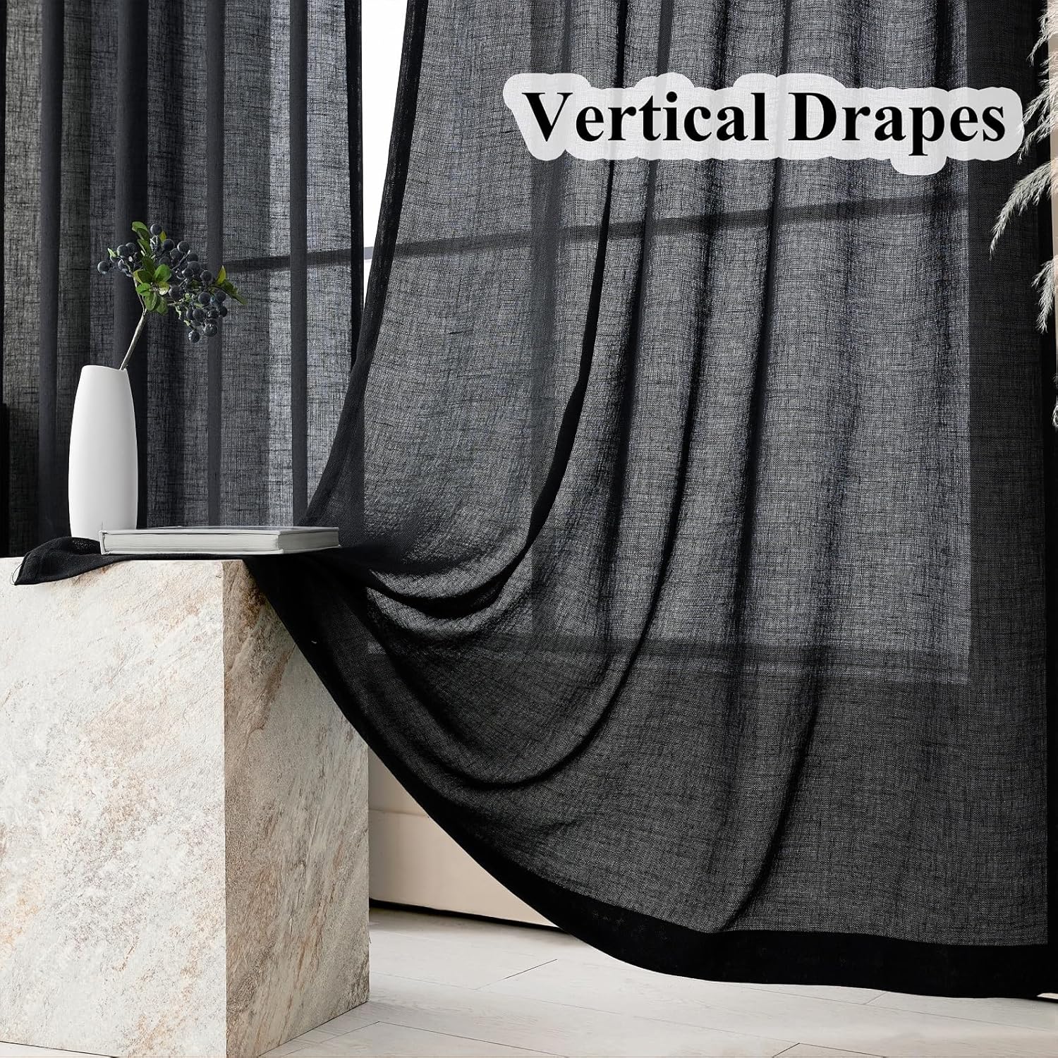 Black Semi Sheer Curtains 90 Inches Long, Linen Textured Light Filtering Curtains & Drapes for Bedroom, Dark Moody Modern Farmhouse Window Decor, Pinch Pleat Ceiling Curtain with Hooks