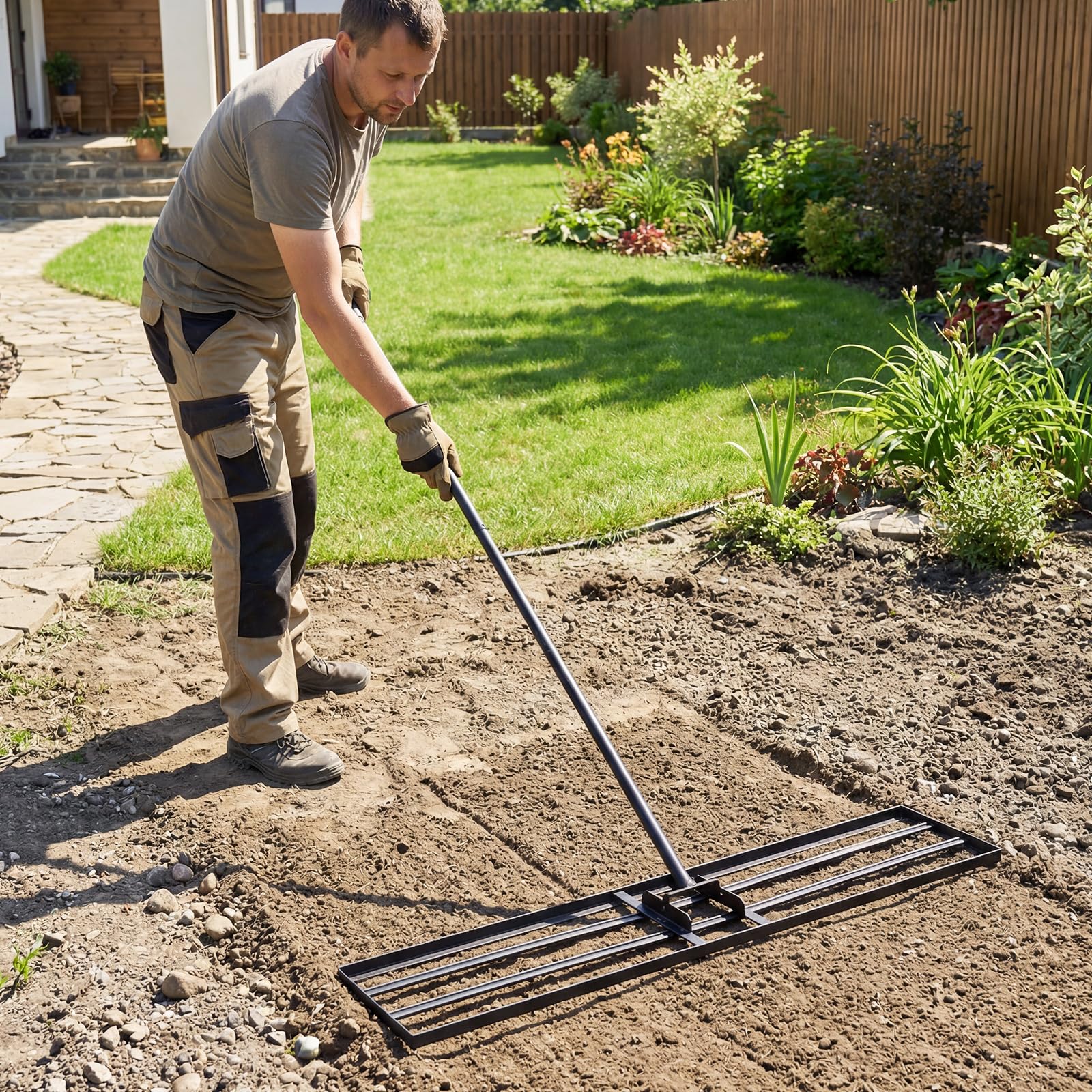 Rastrello livellatore per prato, livellatore per prato in metallo resistente con manico regolabile, strumento per livellare il terreno senza fatica per giardino, prato, campo da golf (verde, 42" x 1