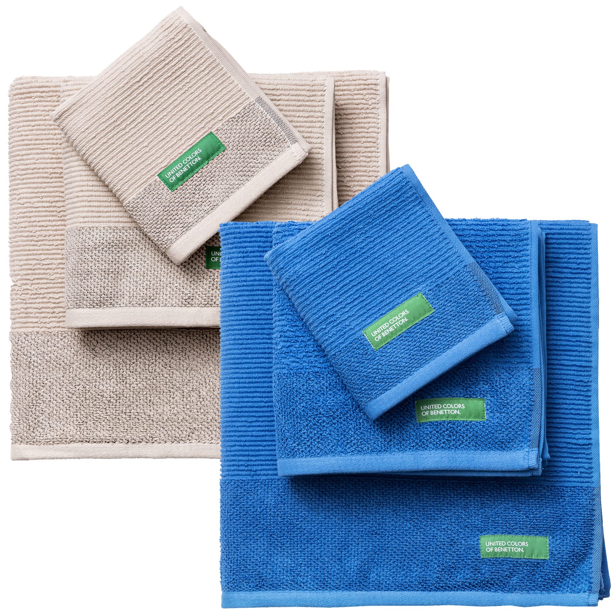 Benetton Pack de 2 - Set de 3 Toallas de Baño, Cada Uno en Color Azul y Otras en Beige