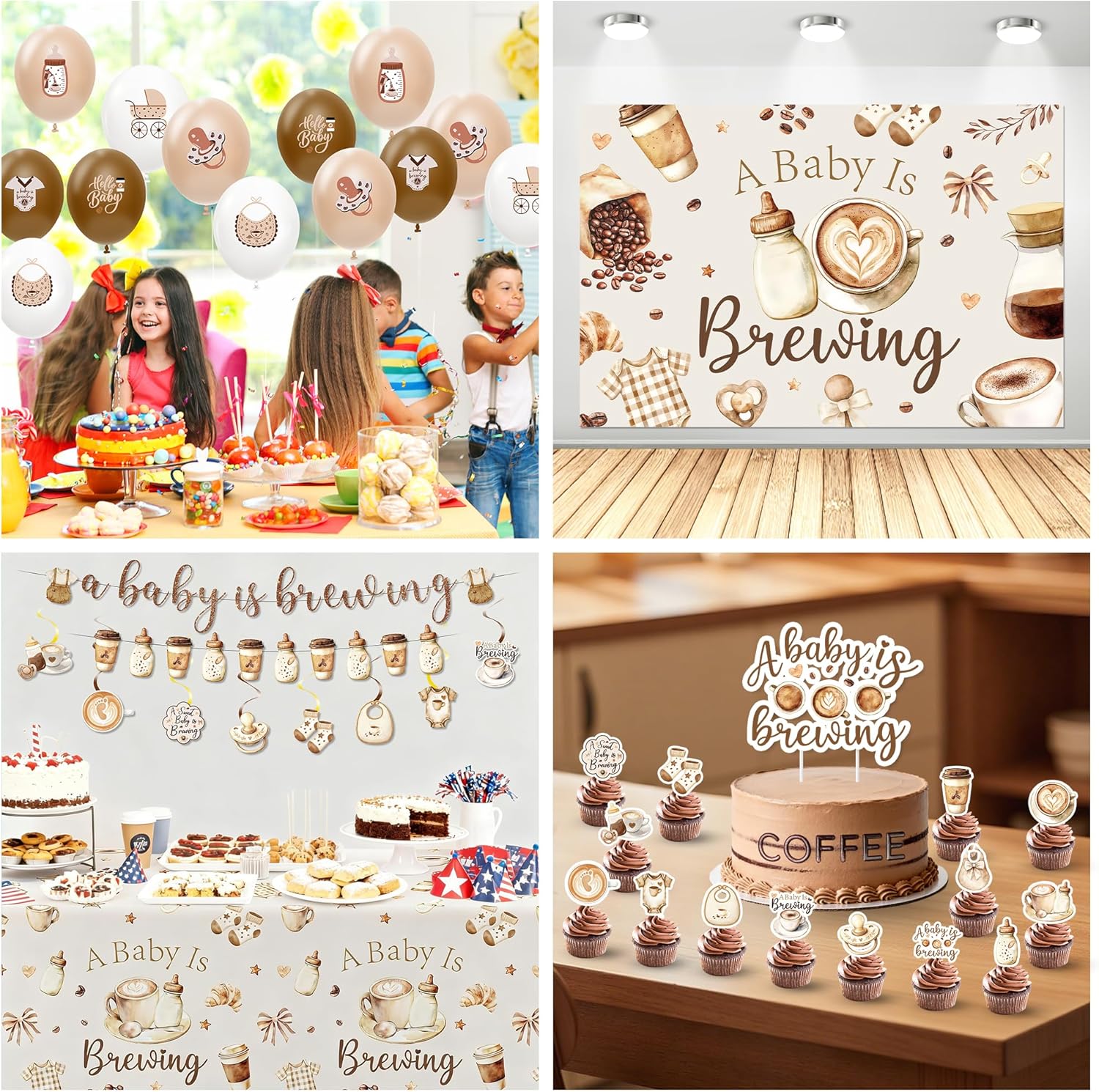 Coffee Baby Shower Decorations, Coffee Bean Theme A Baby is Brewing Party Supplies for Birthday, Plate, Napkin, Cup, Backdrop, Banner, Tablecloth, Swirl, Balloon, Topper, Cutlery, Serves 24