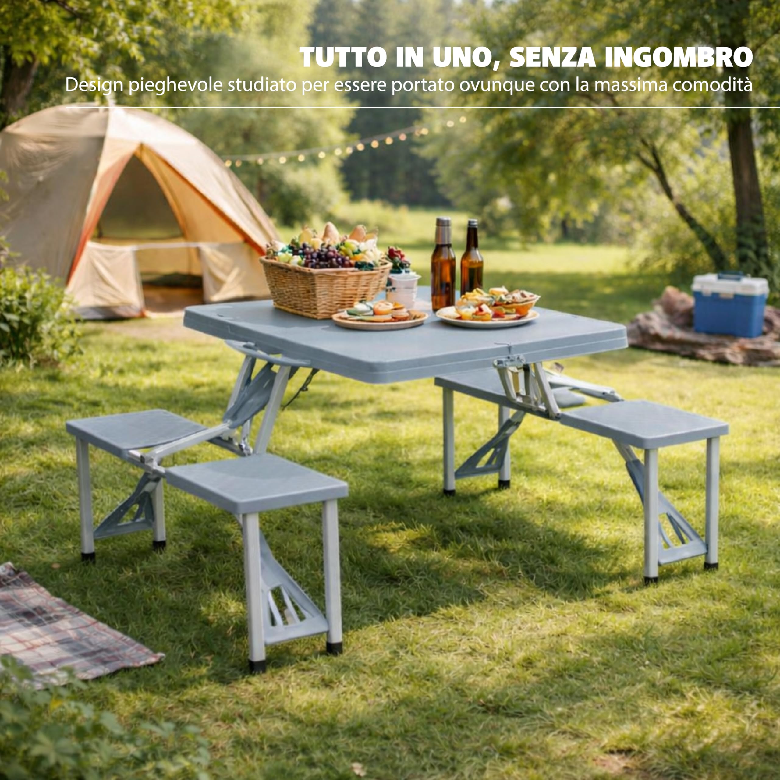 Tavolo Pieghevole con Panche 85,5 x 65 x h 67 cm - da Campeggio, Picnic, per Spiaggia, Salvaspazio, Maniglia di Trasporto, Struttura Acciaio, Richiudibile - Colore grigio