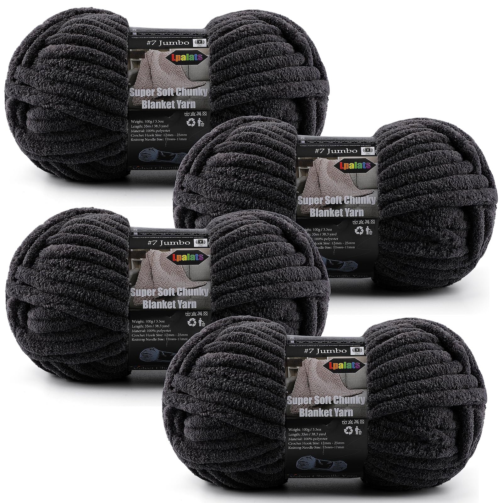 4-Pack Chunky Yarn for Crocheting Blankets &amp; Big Projects - 14oz/152.8yd Total, Ultra Soft &amp; Bulky Chenille Yarn, Perfect for Blankets, Amigurumi, Black