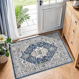 2x3 Washable Vintage Area Rug: Indoor Soft Entryway Rug with Non Slip Backing Water Resistant Carpet for Kitchen Bathroom Laundry Low Pile Door Mat Perfect for Homes with Cats & Dogs(2x3,Blue)