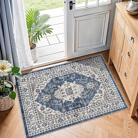 2x3 Washable Vintage Area Rug: Indoor Soft Entryway Rug with Non Slip Backing Water Resistant Carpet for Kitchen Bathroom Laundry Low Pile Door Mat Perfect for Homes with Cats & Dogs(2x3,Blue)