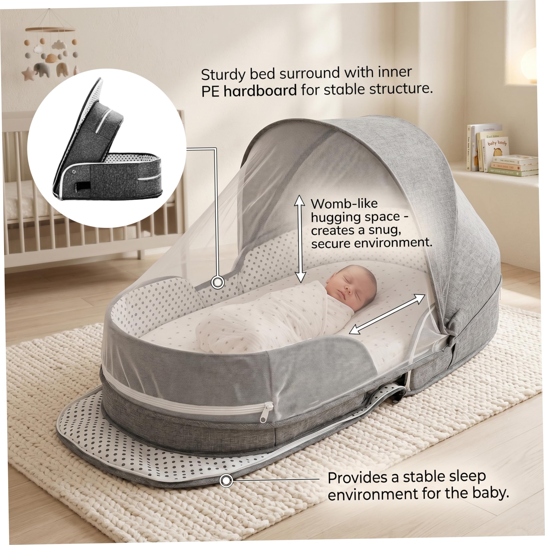 Moisés de viaje plegable portátil para bebé de 0 a 6 meses con dosel y red, moisés para recién nacidos esencial para viajes, cuna para avión, coche, camping, gris