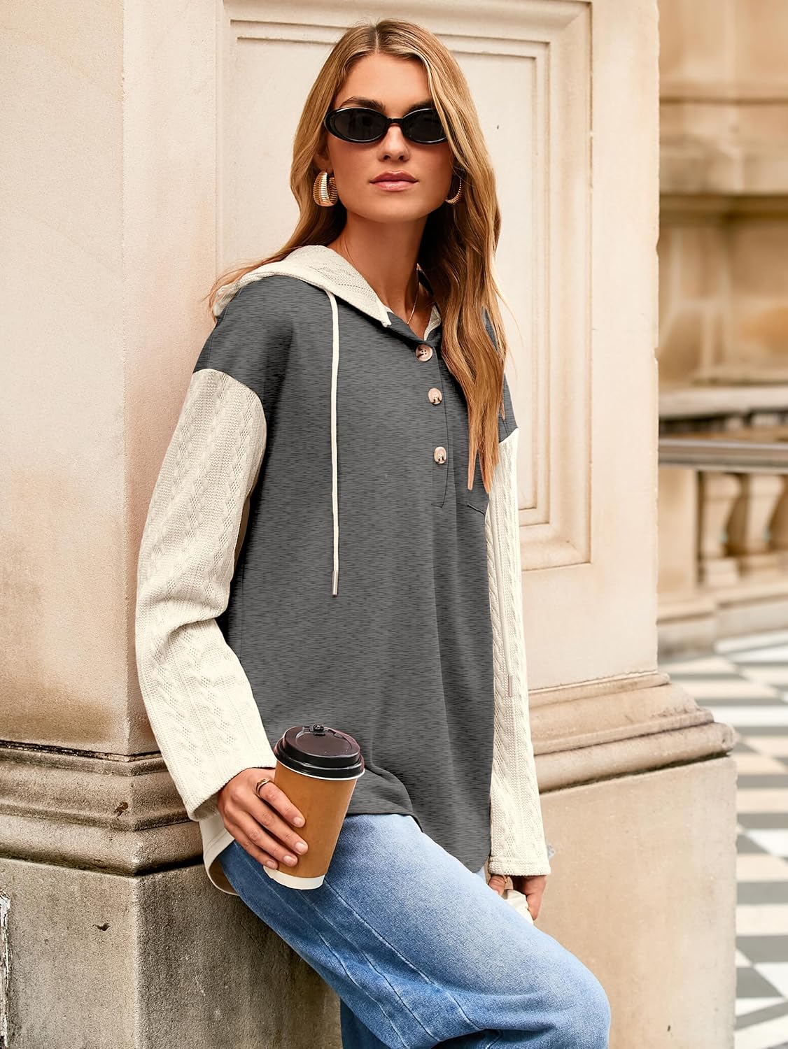 Glamaker Women's Button Down Cable Knit Hoodies Long Sleeve Patch Work Spliced Pullover Hooded Sweatshirts - Image 7