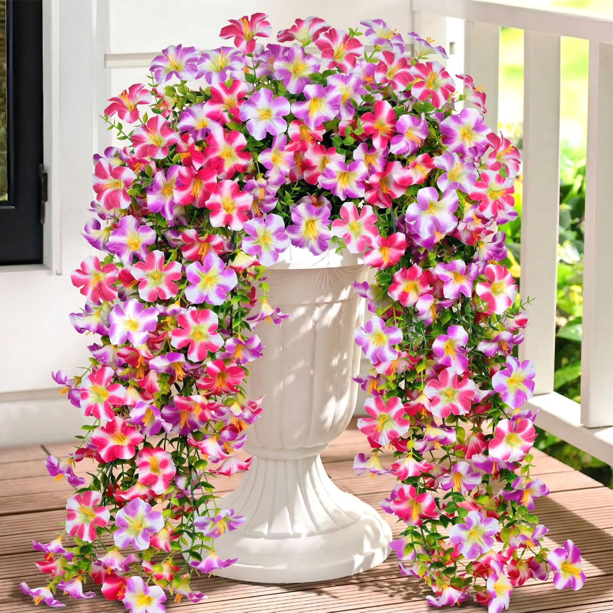 4PCS Artificial Hanging Flowers Outdoor UV-Resistant Fake Hanging Plants Flower Bouquet Artificial Morning Glory with Eucalyptus Hanging Drooping Plants for Wall Home Garden Yard Decor (Pink Purple) — image 1