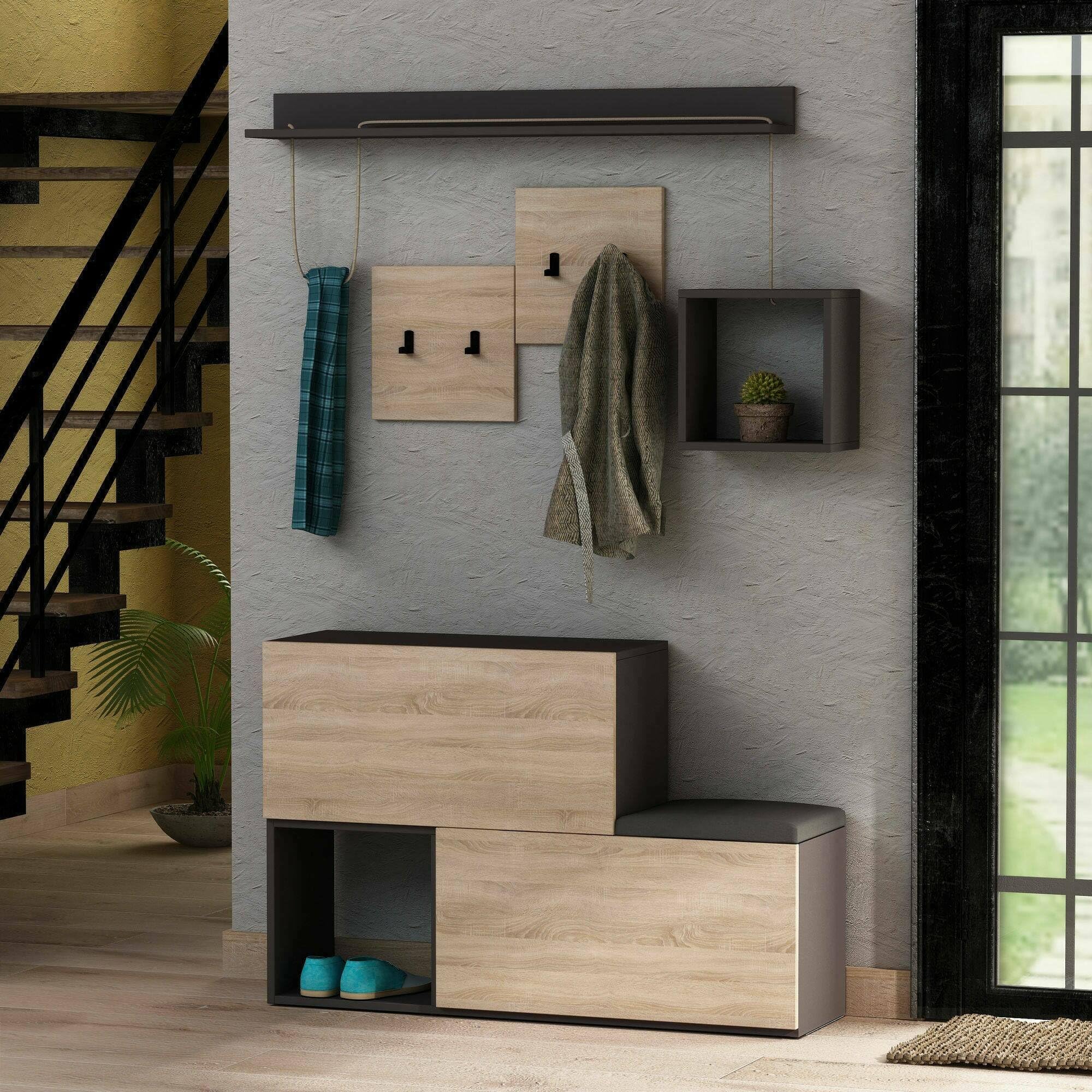 Dmora - Mobile da ingresso Caph, Entratina appendiabiti, Composizione per atrio, Consolle portaoggetti multifunzione, 120x17h76 cm, Antracite e Rovere