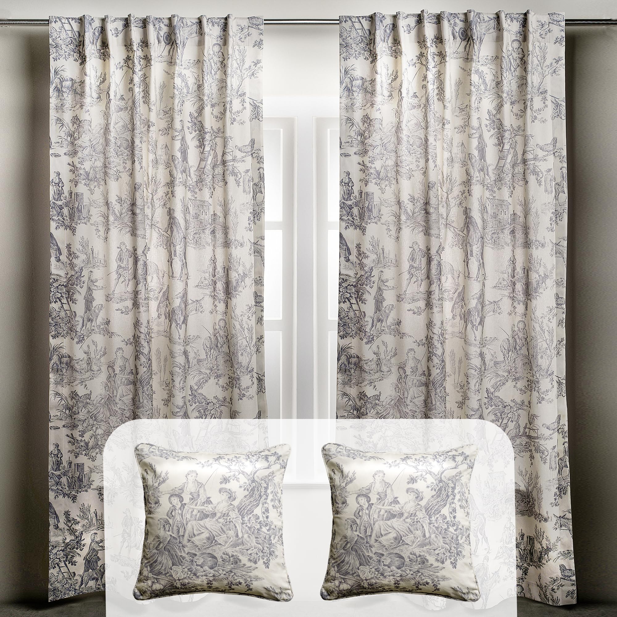 Maison d' Hermine The Miller - Paloma Grey Bundle Set – 100% Cotton Curtains (84 Inch x 50 Inch, 2 Panels) & 2 Decorative Pillow Covers (20 Inch x 20 Inch)