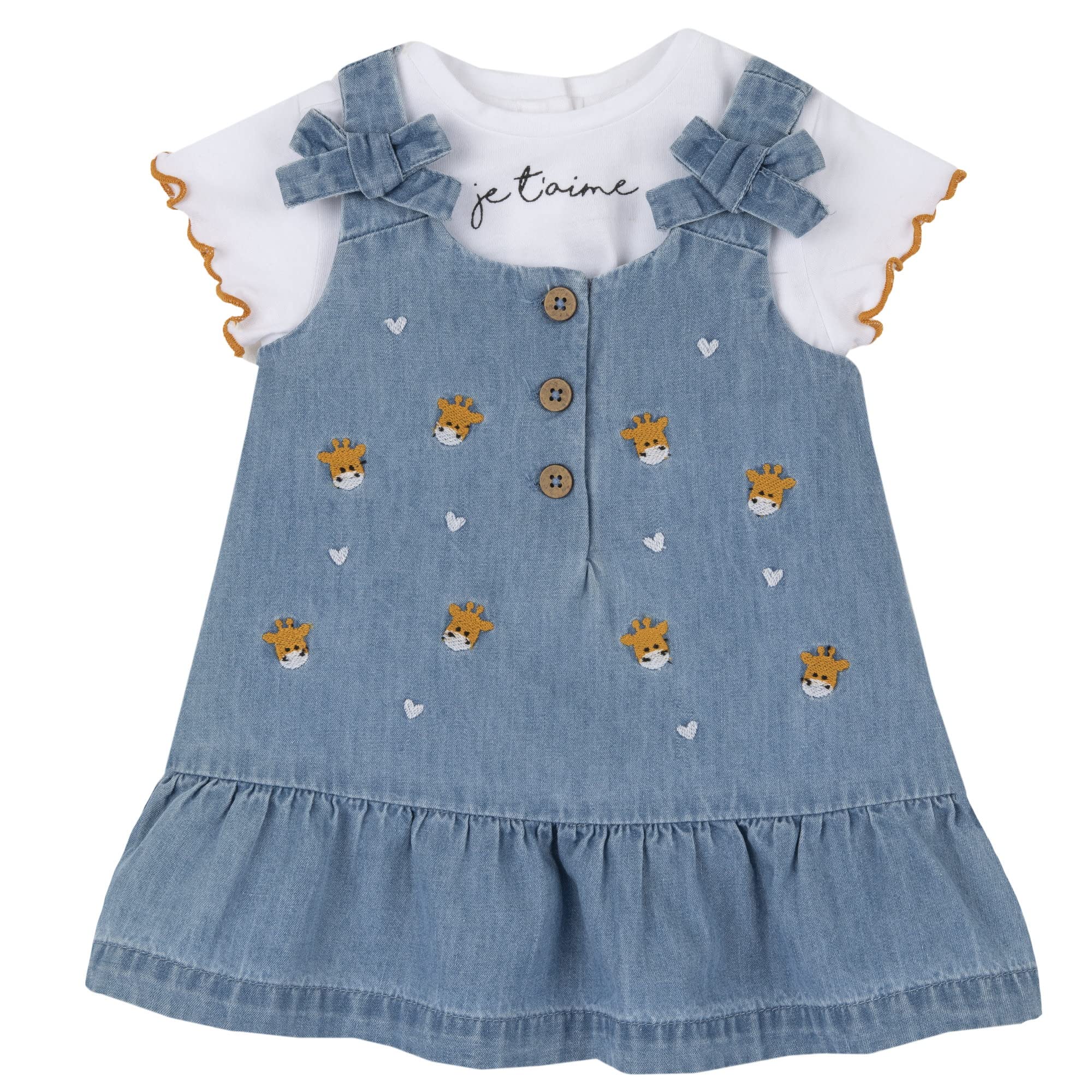 Chicco Conjunto de bebé de 12 meses – 74 cm con mono de mezclilla + camiseta temática jirafa, Azul vaquero., 12 meses